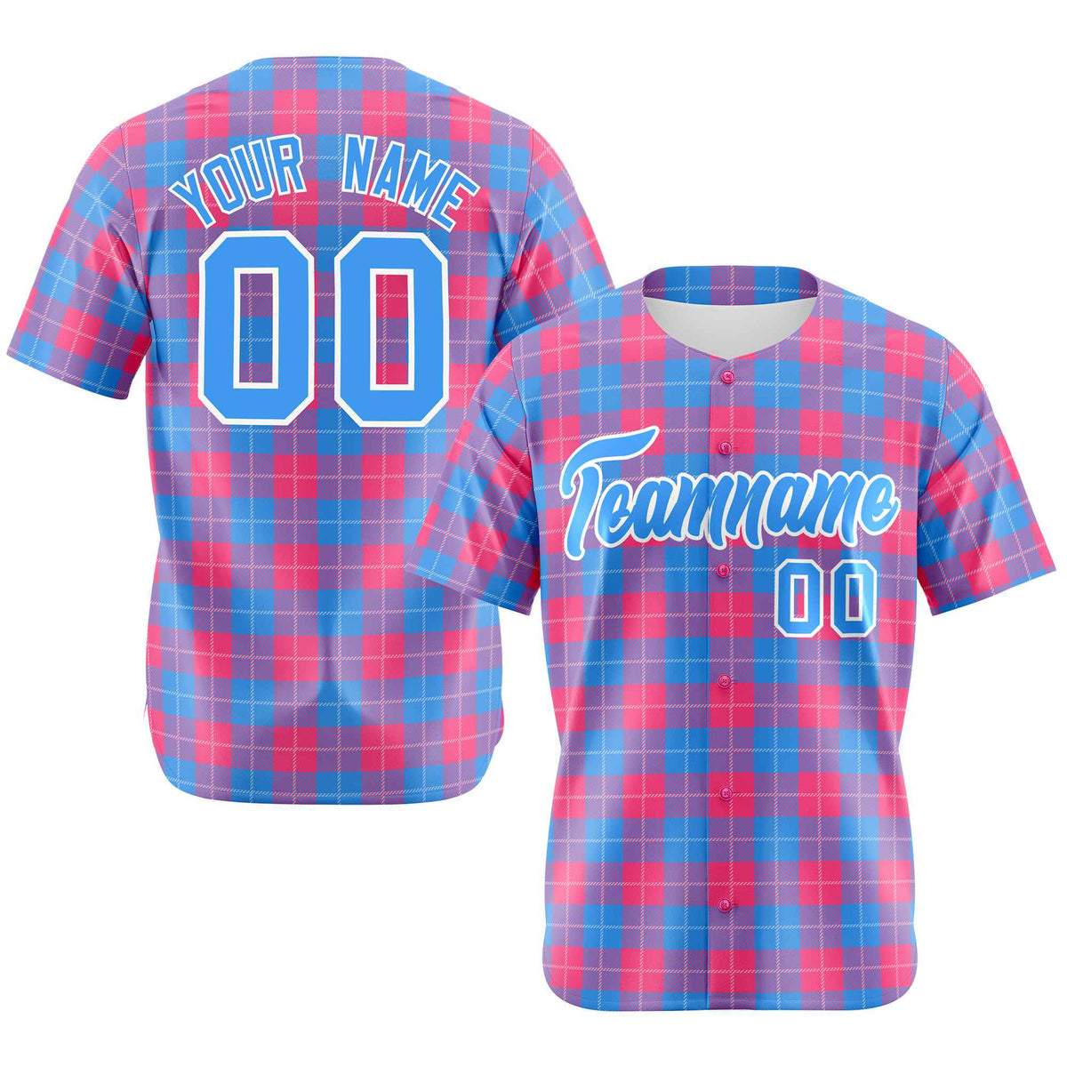 Custom Pink Powder Blue Personalized Plaid Design Authentic Baseball Jersey