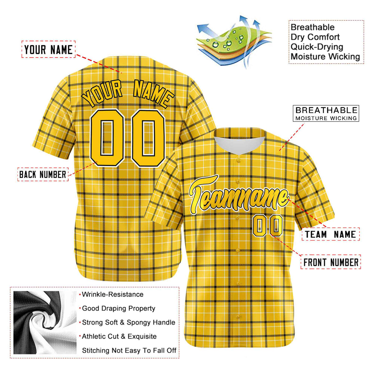 Custom Gold Black Personalized Plaid Design Authentic Baseball Jersey