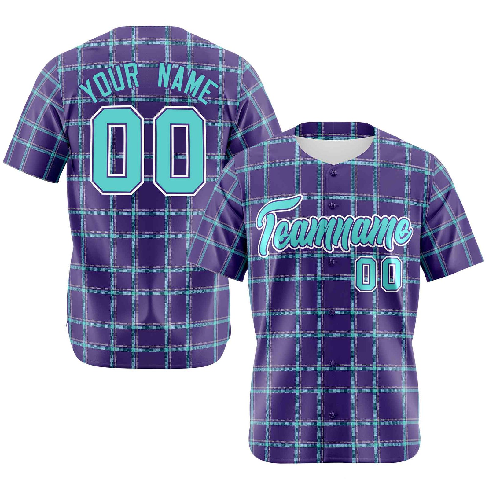 Custom Purple Aqua Personalized Plaid Design Authentic Baseball Jersey