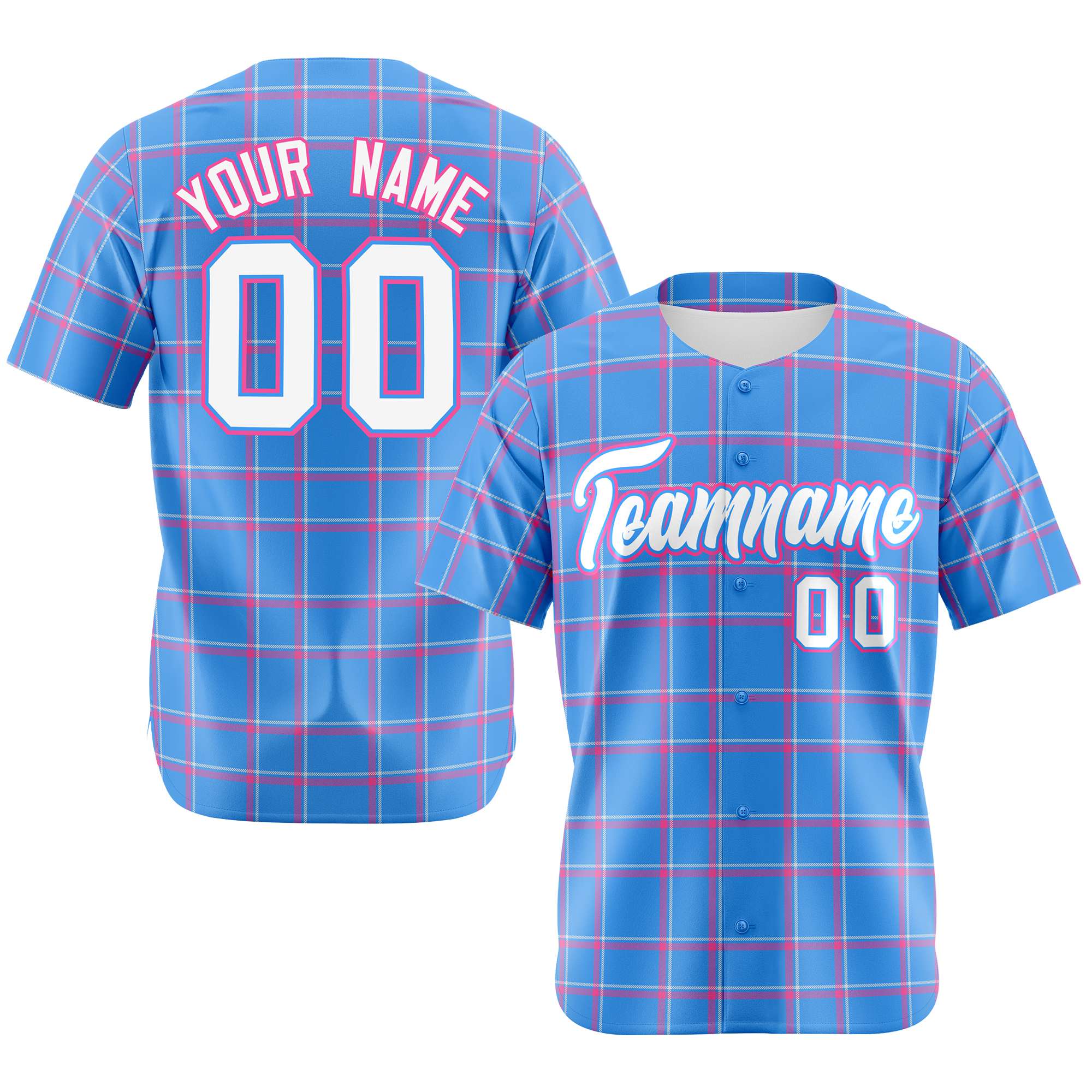 Custom Powder Blue Pink Personalized Plaid Design Authentic Baseball Jersey