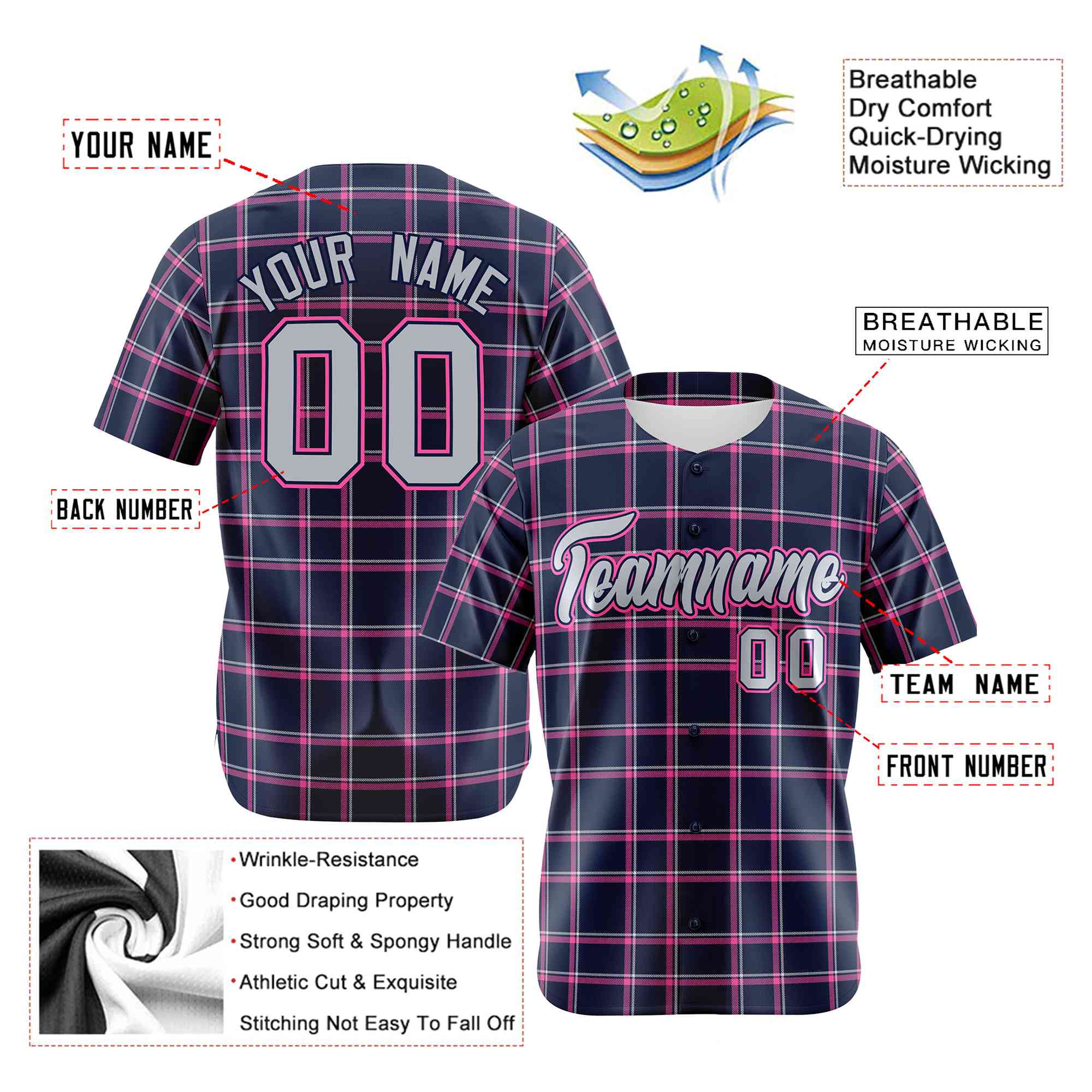 Custom Navy Pink Personalized Plaid Design Authentic Baseball Jersey