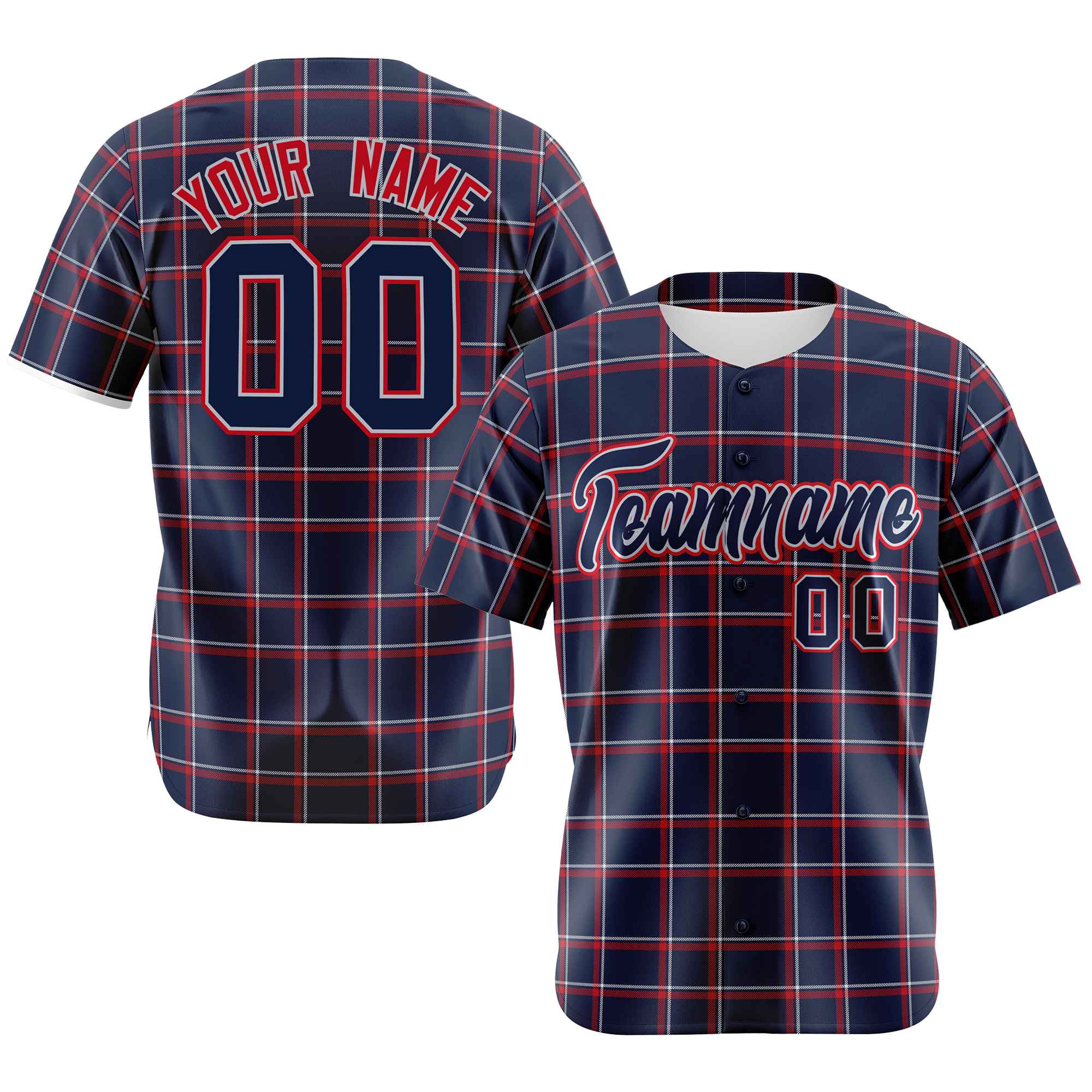 Custom Navy Red Personalized Plaid Design Authentic Baseball Jersey