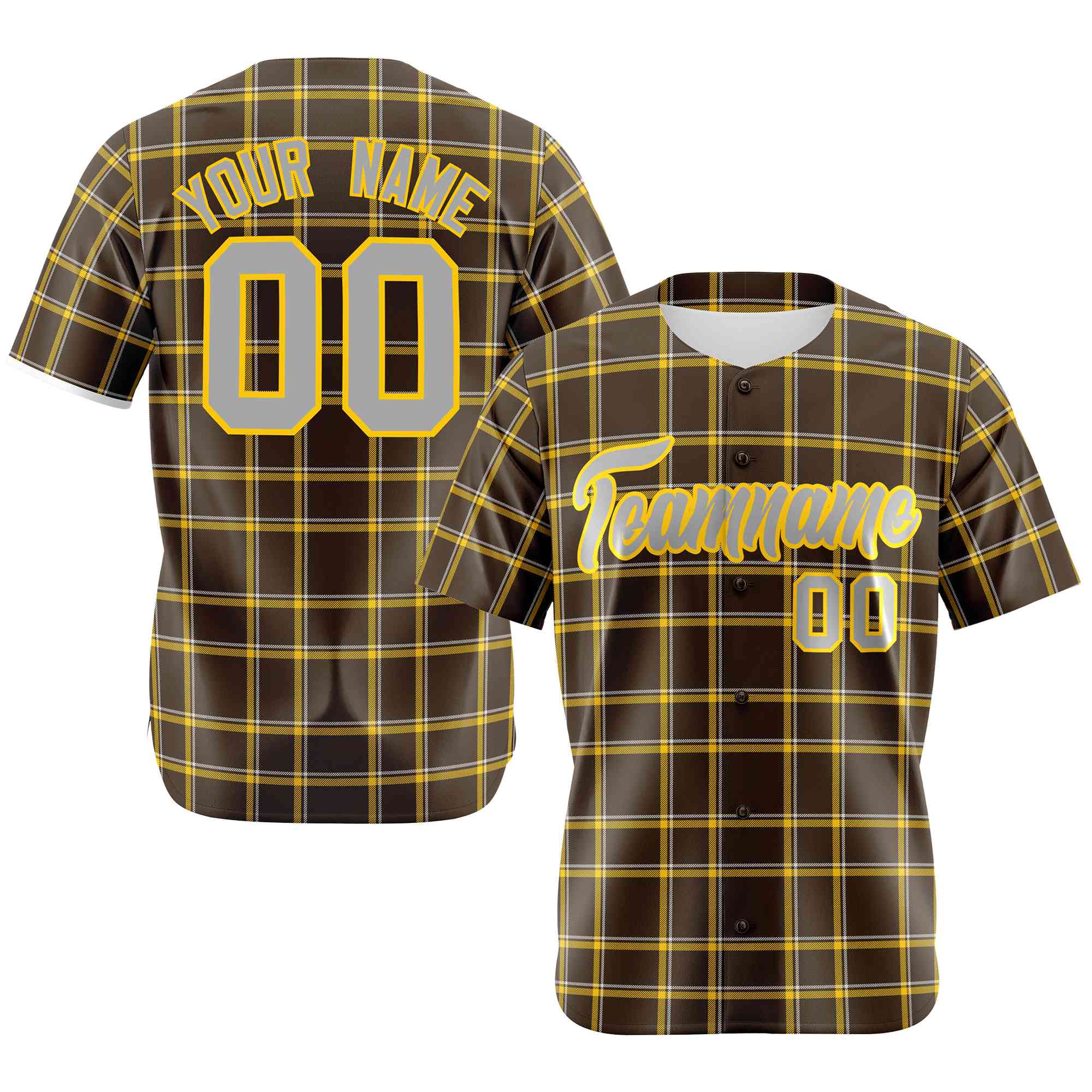 Custom Brown Yellow Personalized Plaid Design Authentic Baseball Jersey