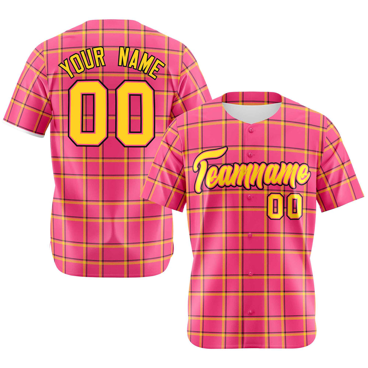 Custom Pink Gold Personalized Plaid Design Authentic Baseball Jersey