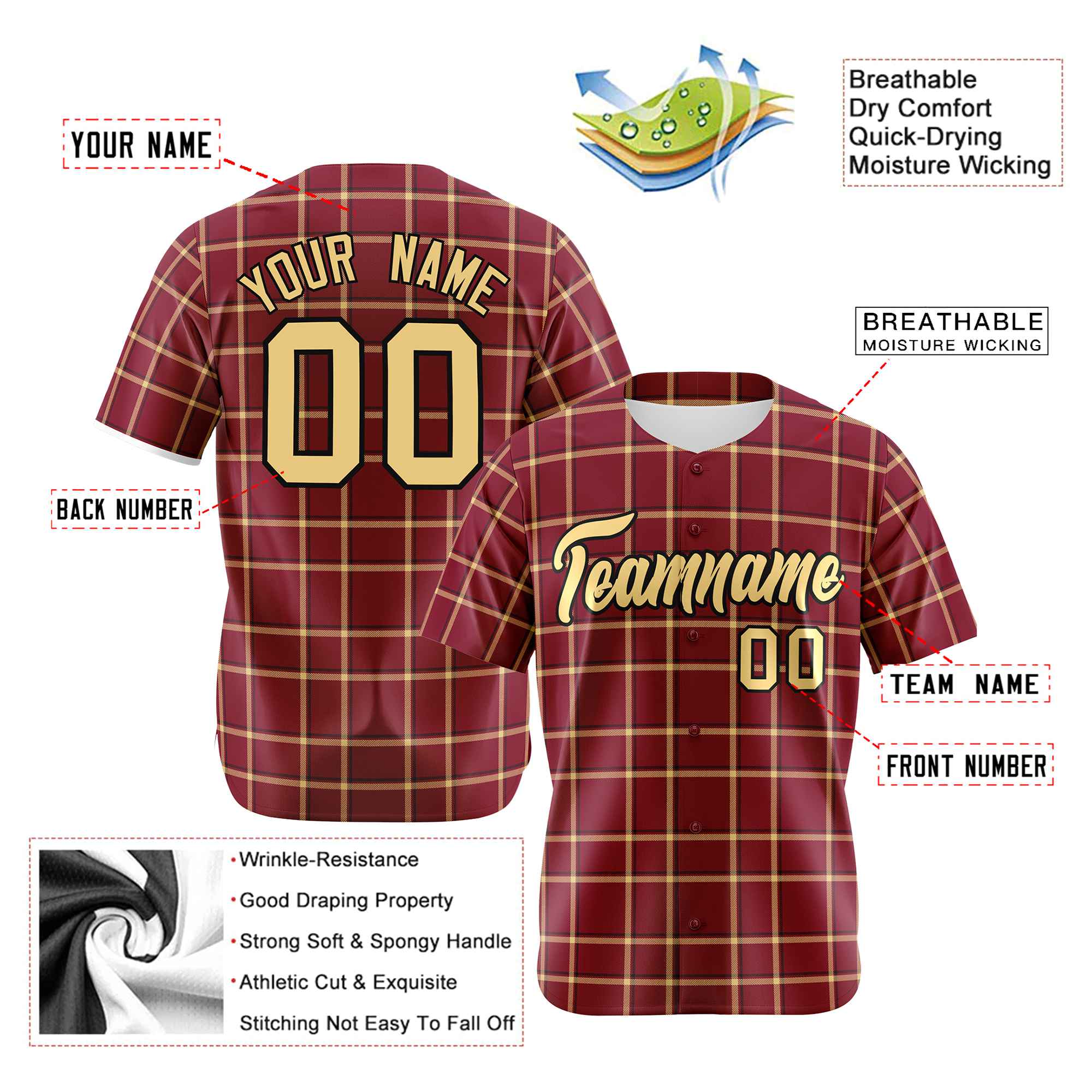 Custom Crimson Khaki Personalized Plaid Design Authentic Baseball Jersey