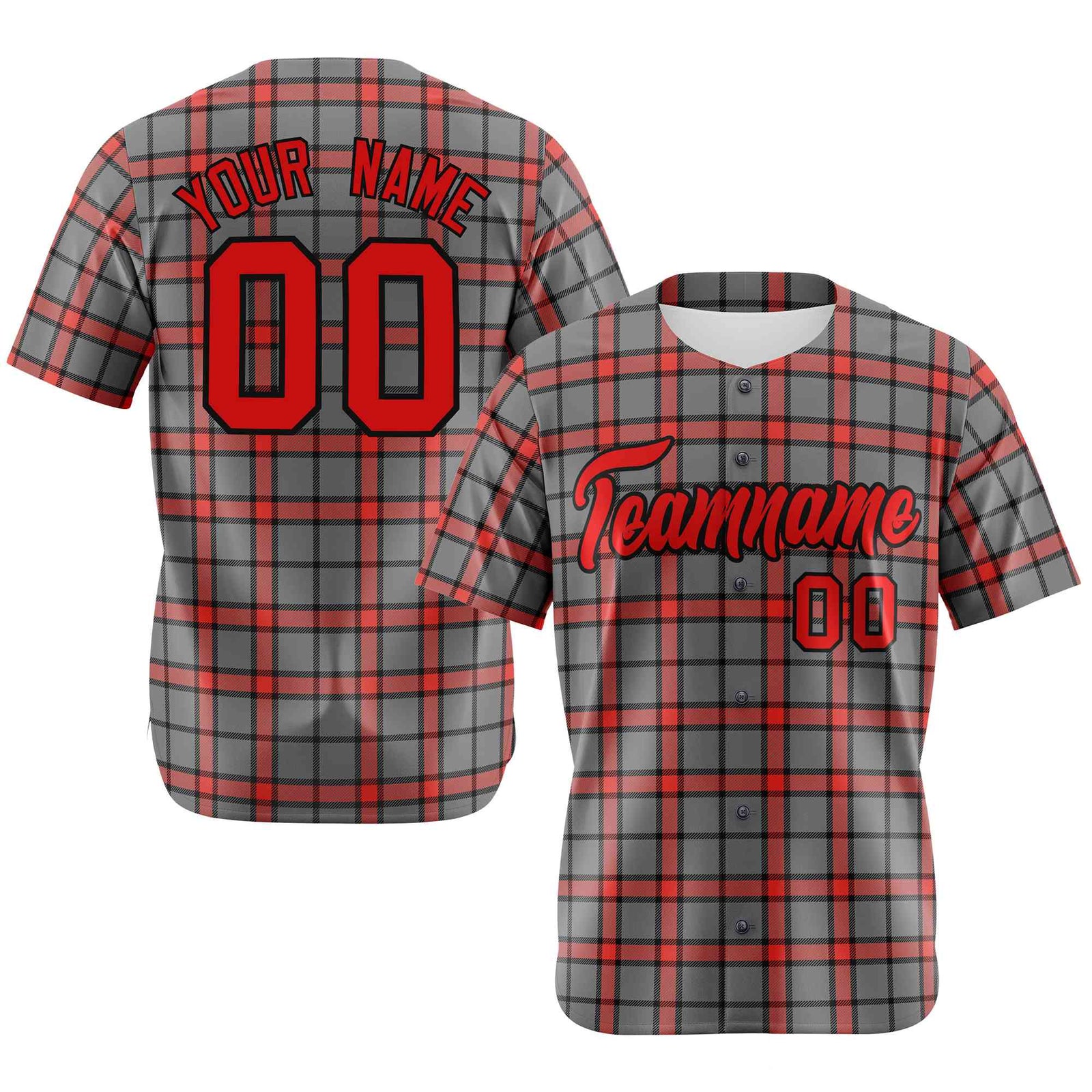 Custom Gray Red Personalized Plaid Design Authentic Baseball Jersey