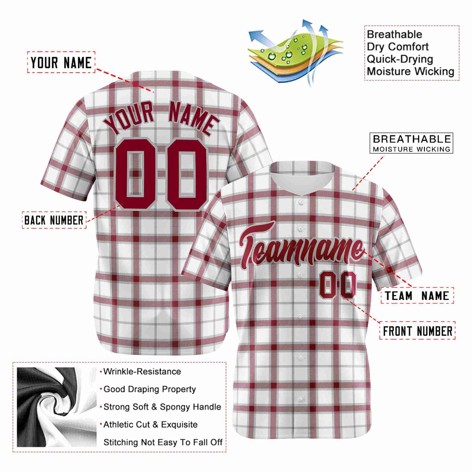 Custom White Crimson Personalized Plaid Design Authentic Baseball Jersey