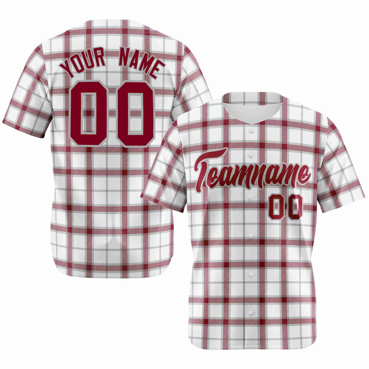 Custom White Crimson Personalized Plaid Design Authentic Baseball Jersey