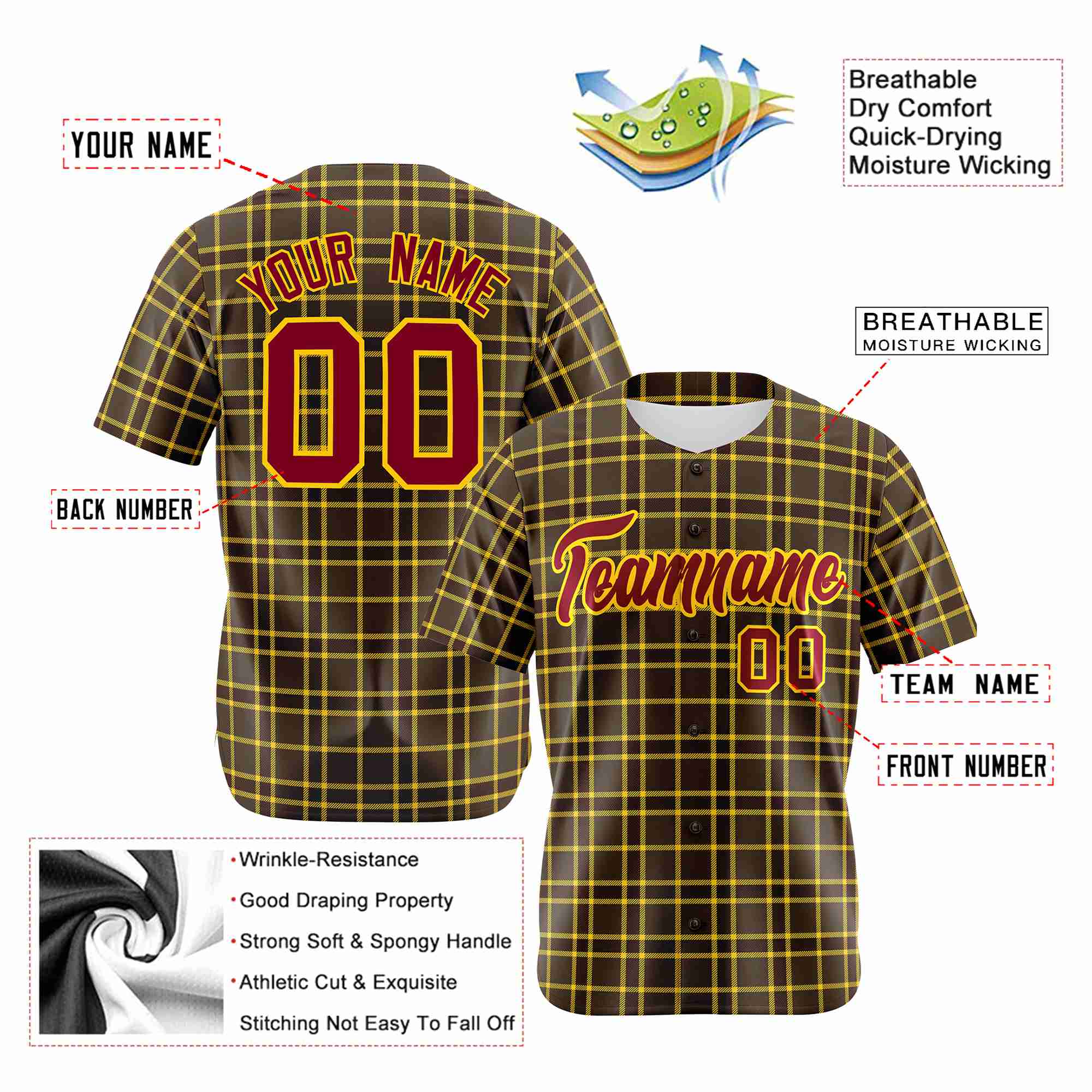 Custom Brown Gold Personalized Plaid Design Authentic Baseball Jersey