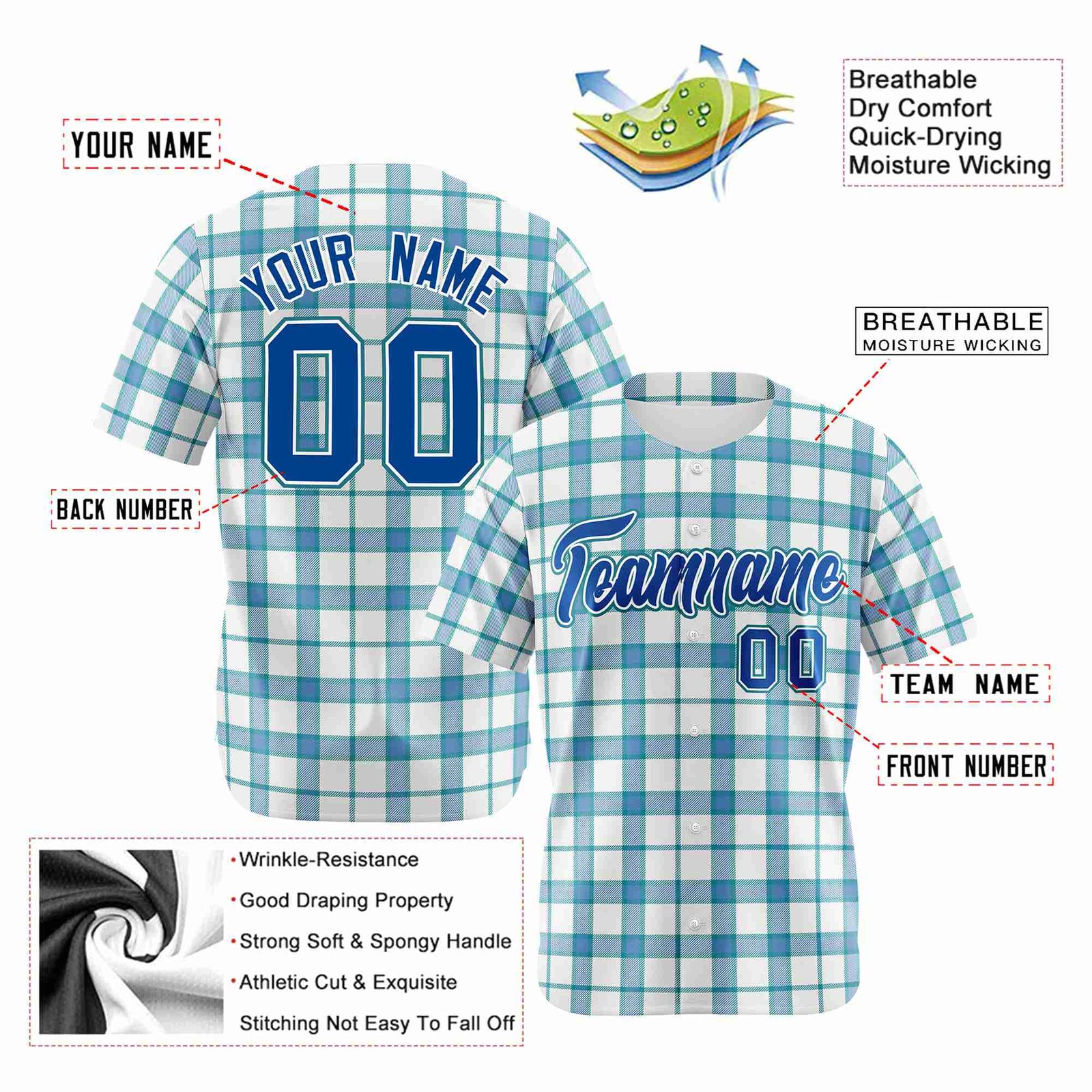 Custom White Light Blue Personalized Plaid Design Authentic Baseball Jersey