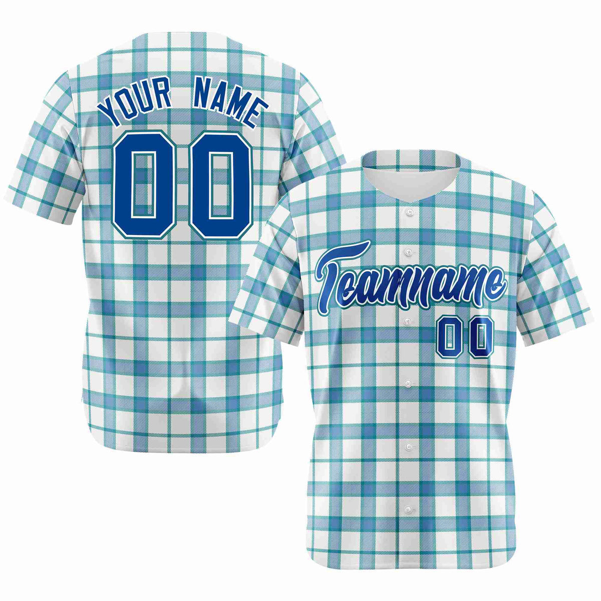 Custom White Light Blue Personalized Plaid Design Authentic Baseball Jersey