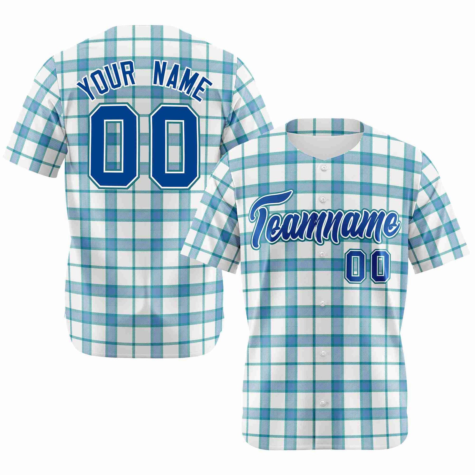 Custom White Light Blue Personalized Plaid Design Authentic Baseball Jersey