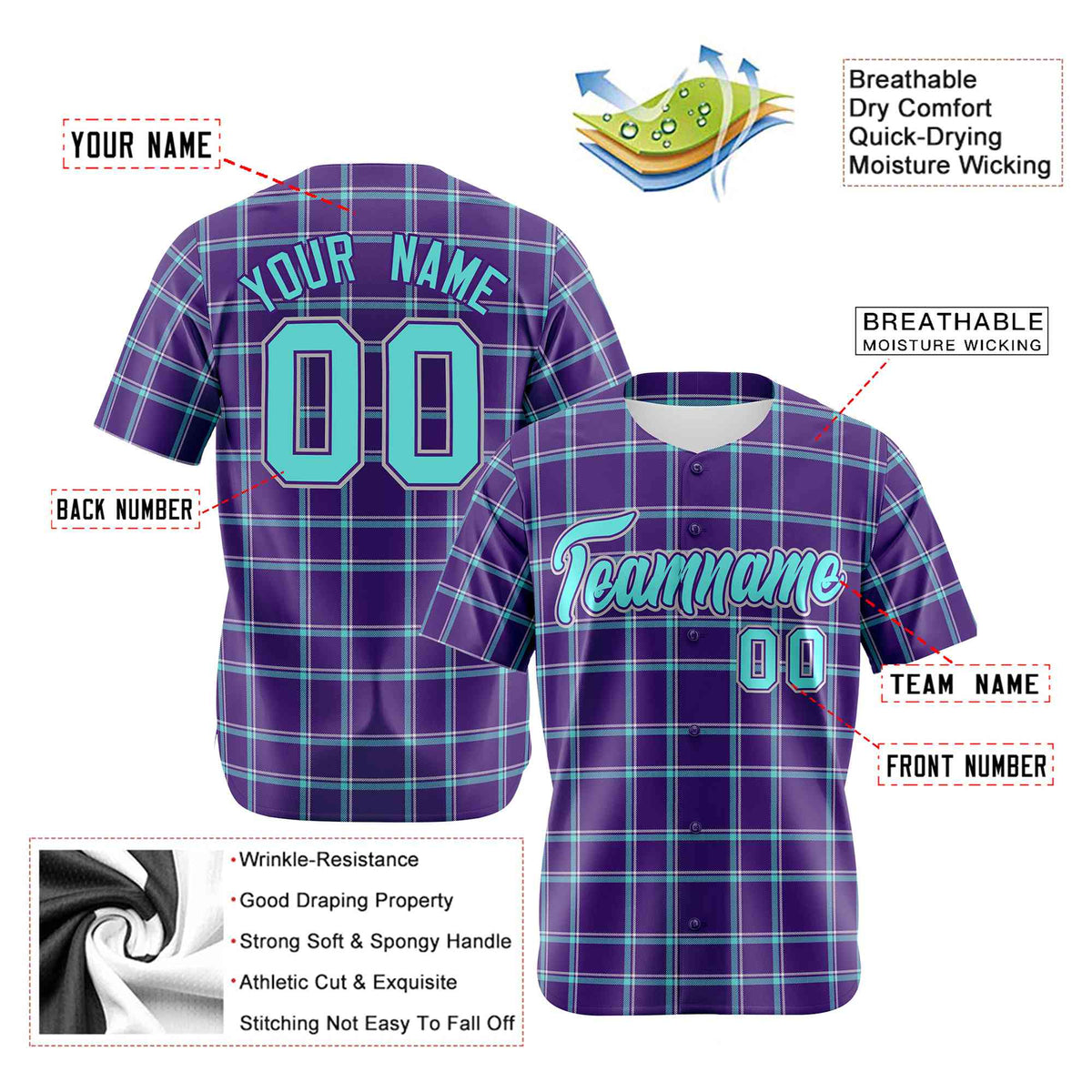 Custom Purple Aqua Personalized Plaid Design Authentic Baseball Jersey
