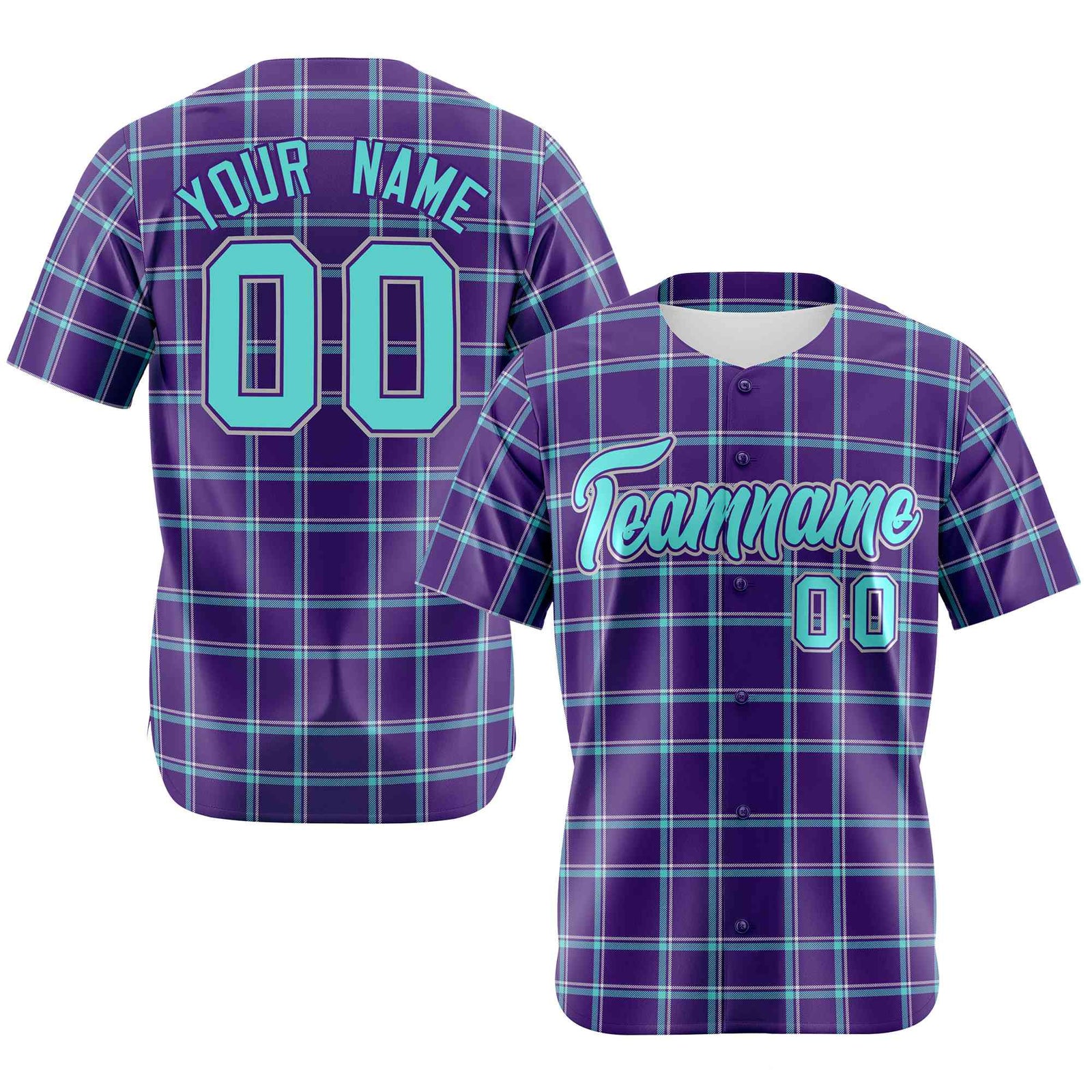 Custom Purple Aqua Personalized Plaid Design Authentic Baseball Jersey