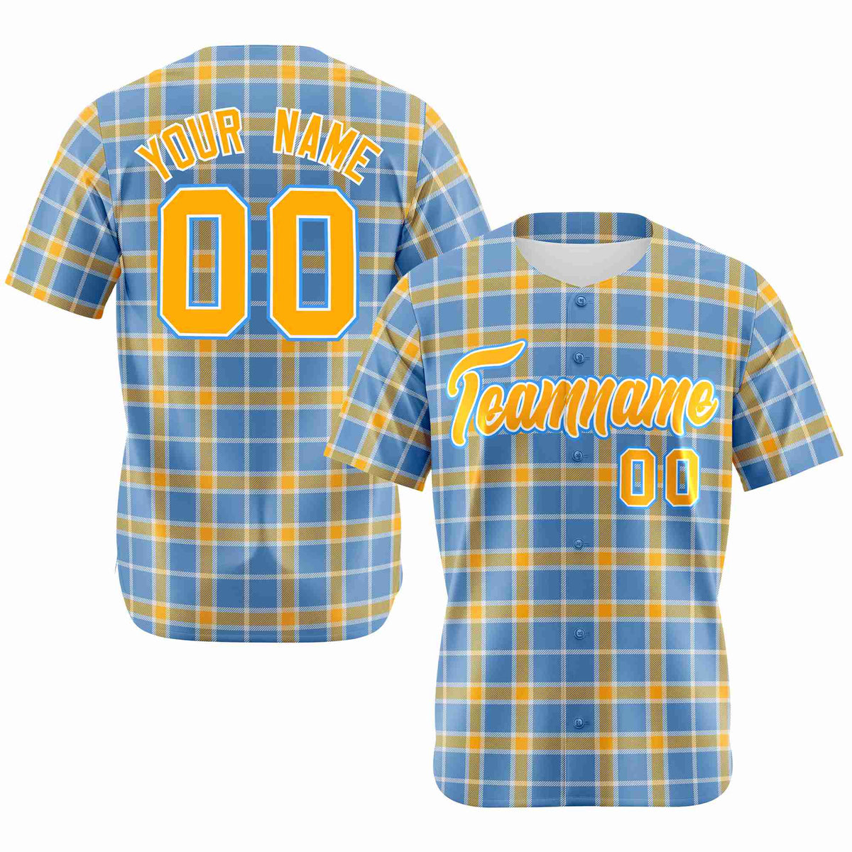 Custom Light Blue Yellow Personalized Plaid Design Authentic Baseball Jersey