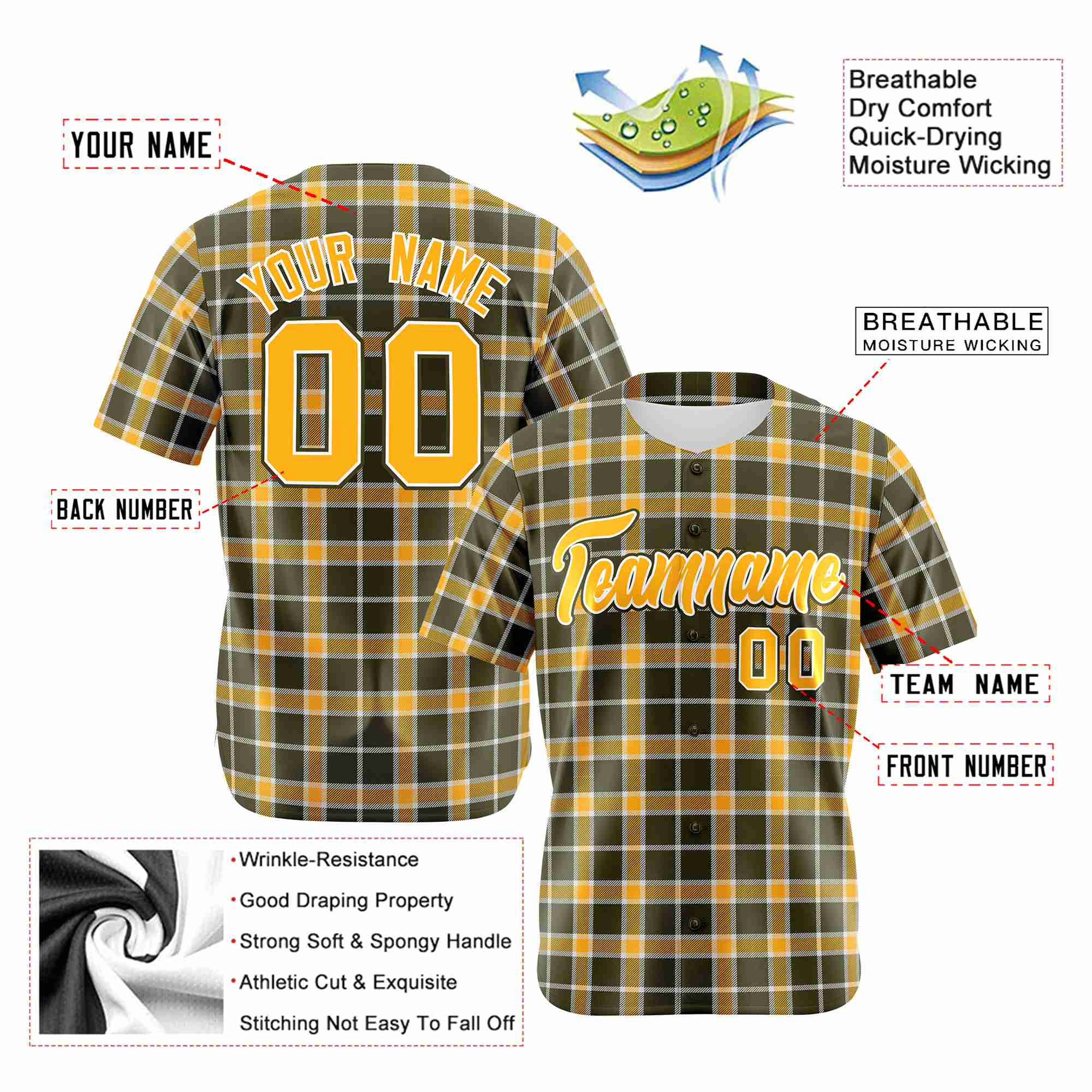 Custom Yellow Dark Gray Personalized Plaid Design Authentic Baseball Jersey