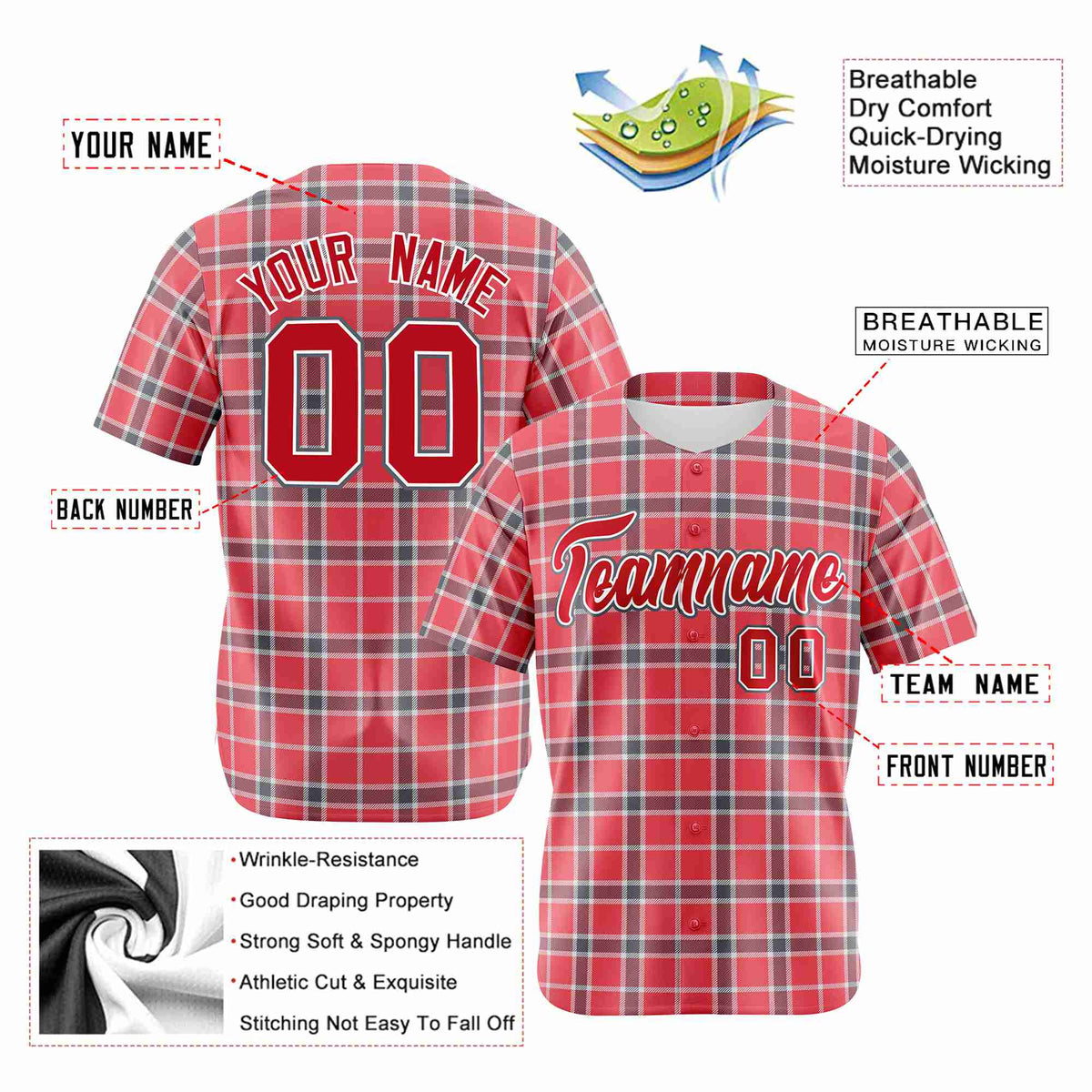 Custom Light Red Crimson Personalized Plaid Design Authentic Baseball Jersey