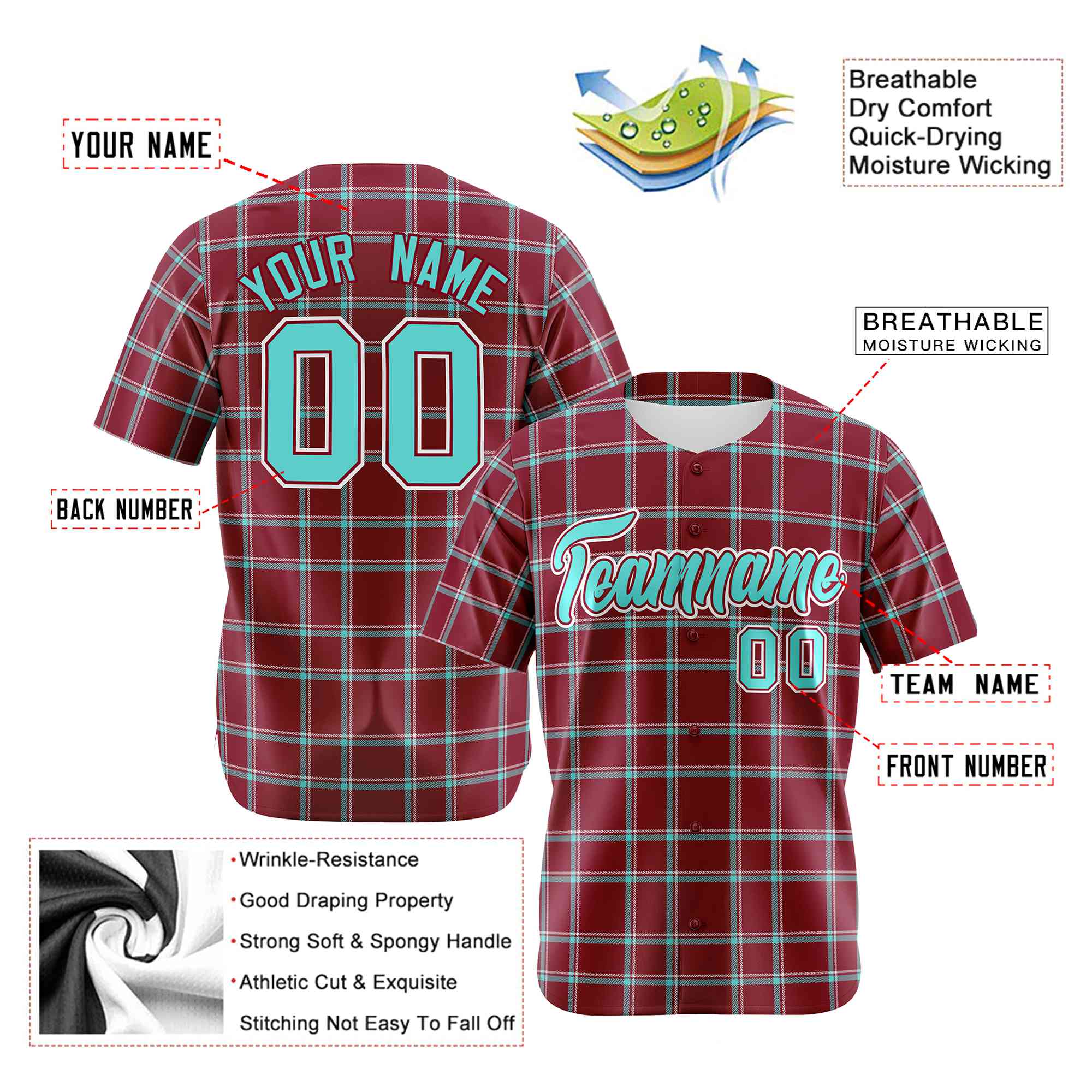 Custom Crimson Aqua Personalized Plaid Design Authentic Baseball Jersey