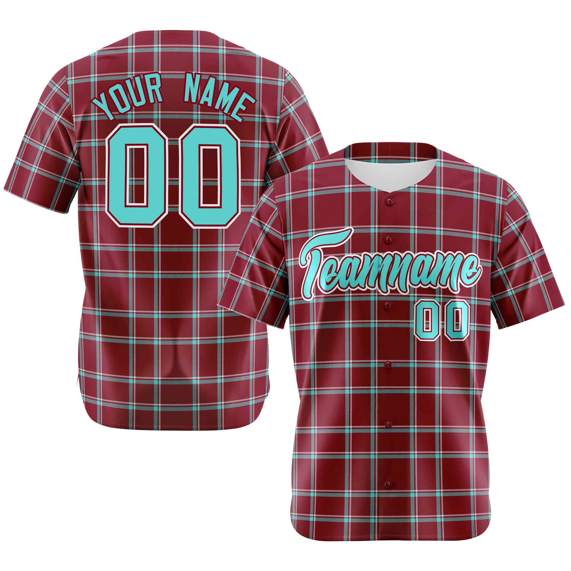 Custom Crimson Aqua Personalized Plaid Design Authentic Baseball Jersey