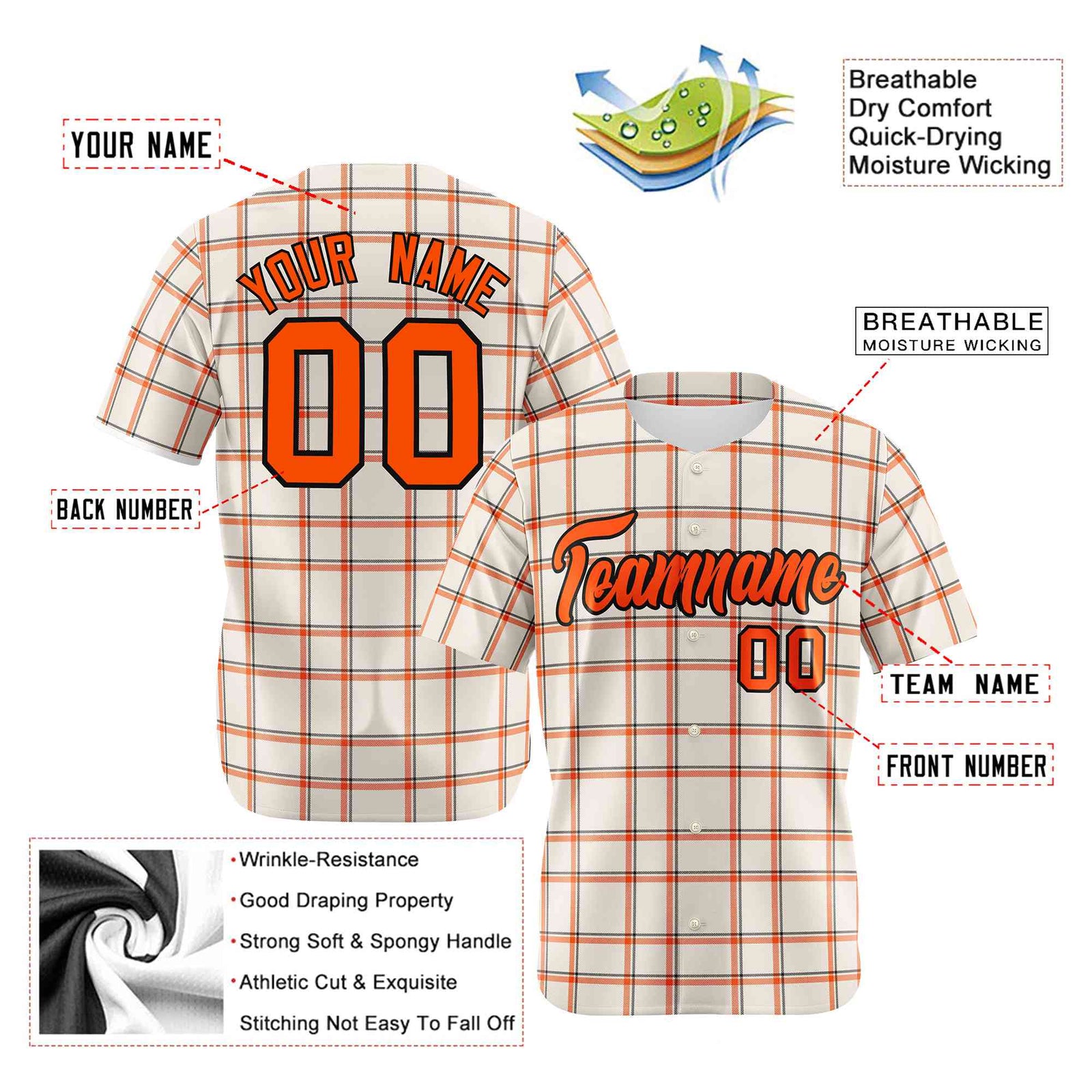 Custom White Orange Personalized Plaid Design Authentic Baseball Jersey