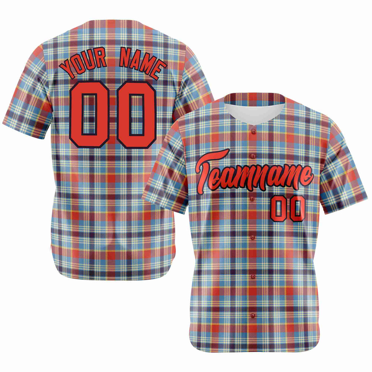 Custom Light Blue Orange Personalized Plaid Design Authentic Baseball Jersey