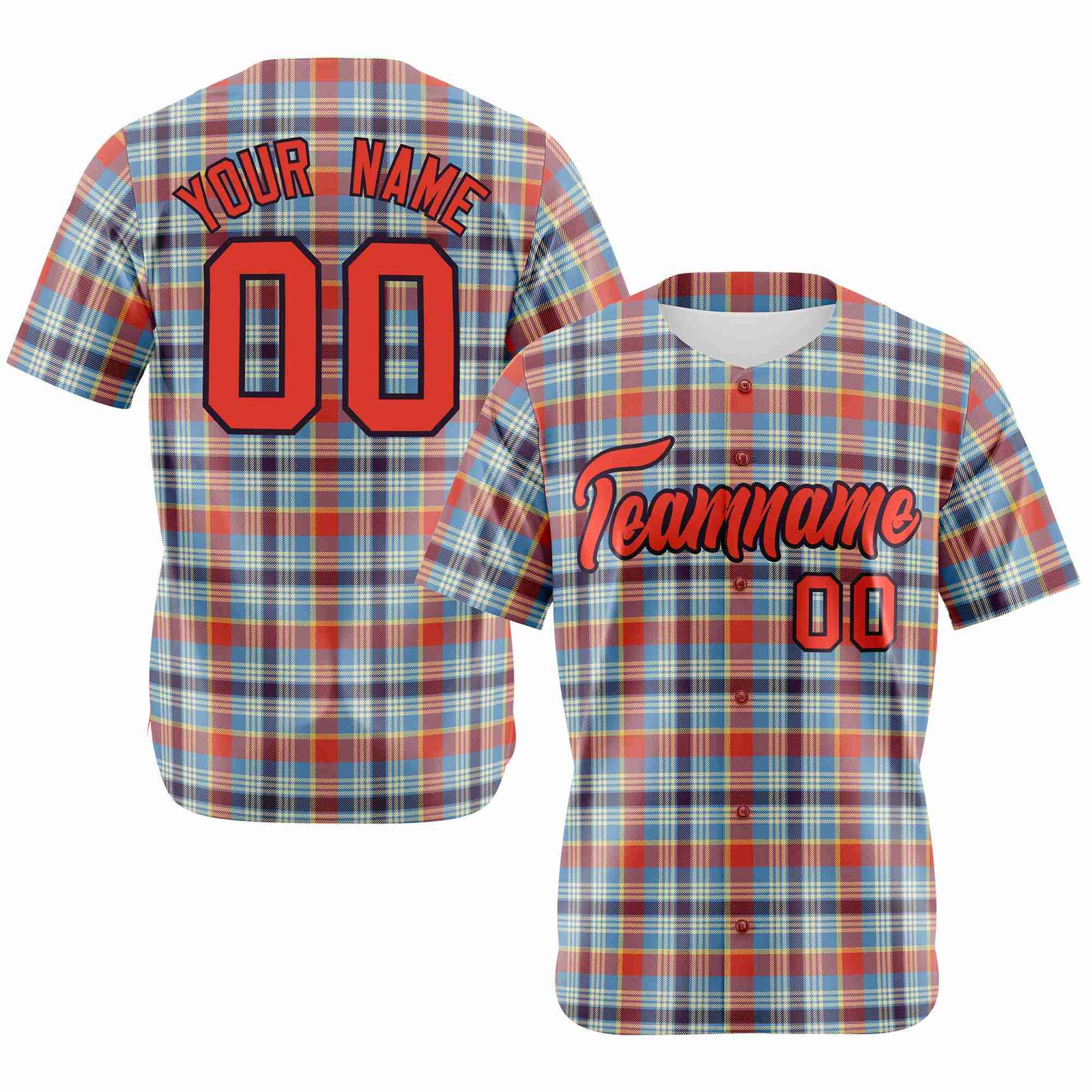 Custom Light Blue Orange Personalized Plaid Design Authentic Baseball Jersey