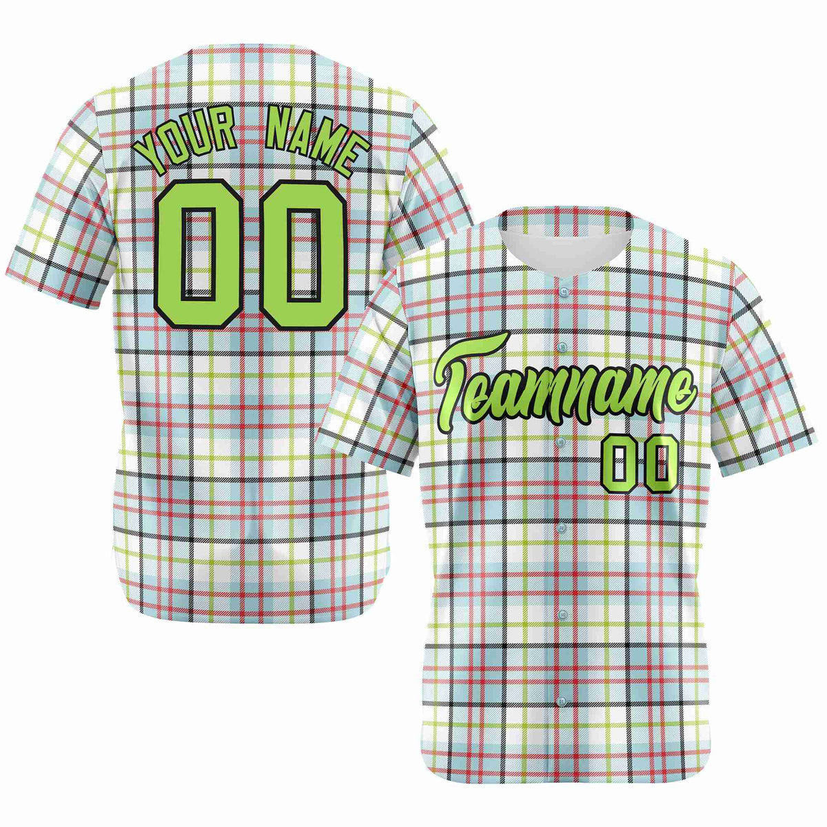 Custom White Neon Green-Red Personalized Plaid Design Authentic Baseball Jersey