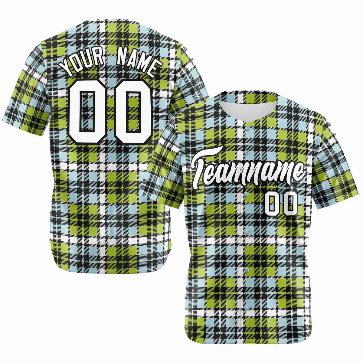 Custom Neon Green Light Blue Personalized Plaid Design Authentic Baseball Jersey