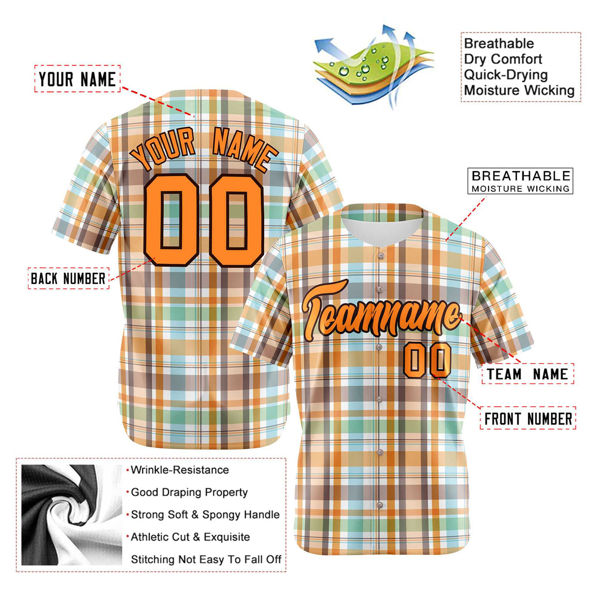 Custom Orange Gray Blue Personalized Plaid Design Authentic Baseball Jersey
