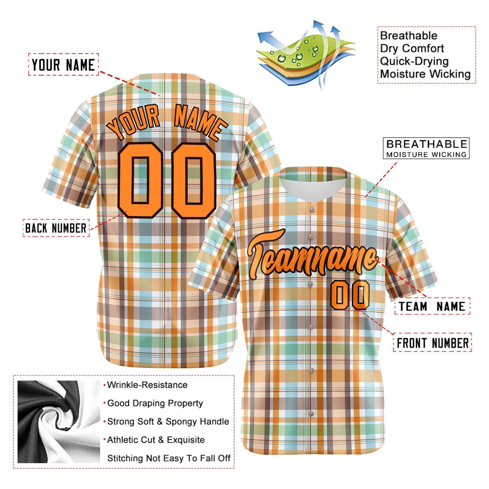 Custom Orange Gray Blue Personalized Plaid Design Authentic Baseball Jersey
