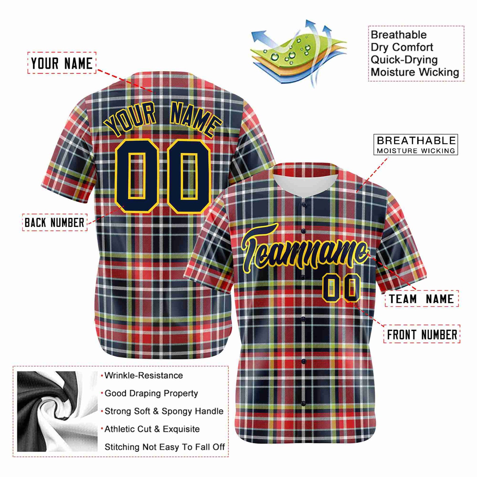 Custom Red Navy-Neon Green Personalized Plaid Design Authentic Baseball Jersey
