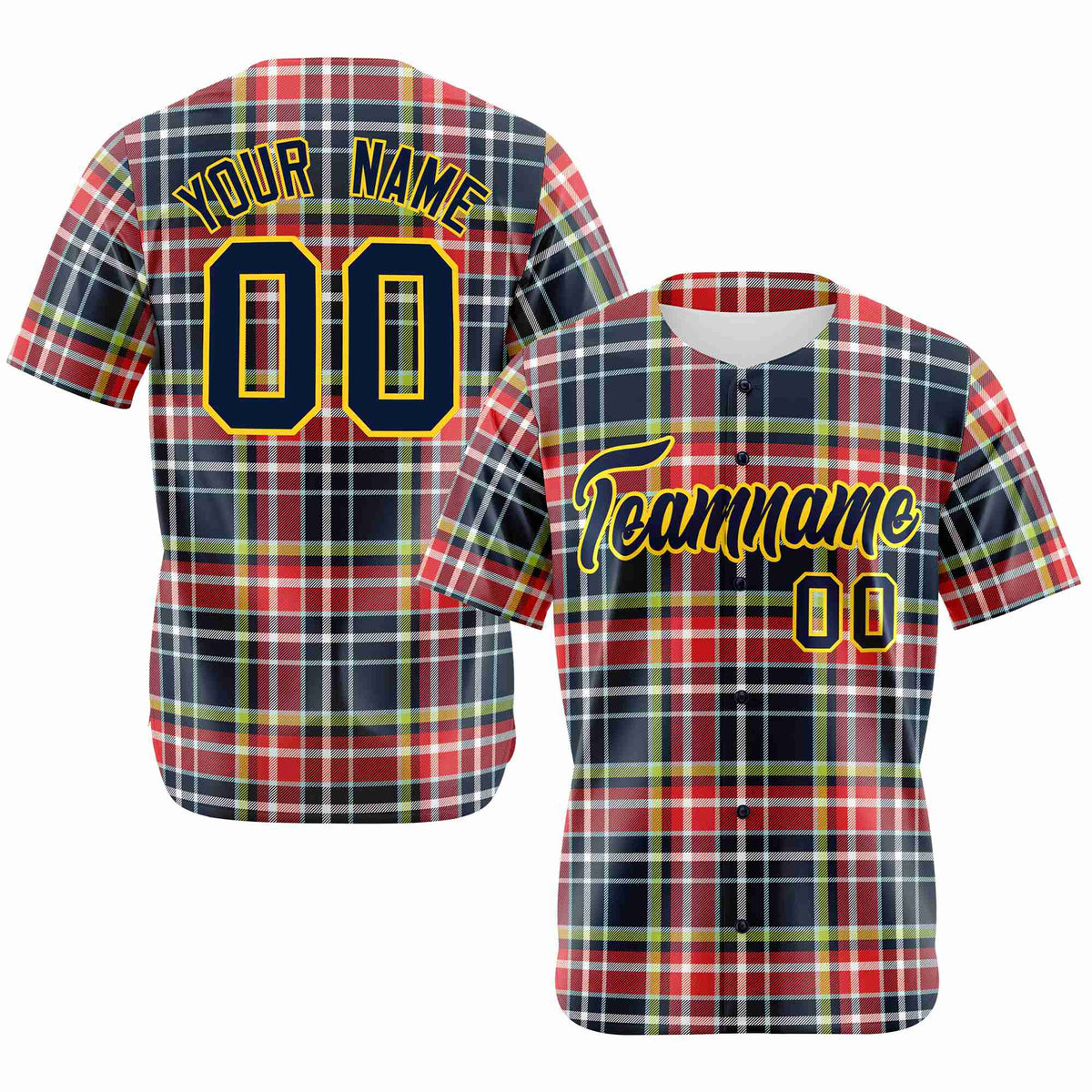 Custom Red Navy-Neon Green Personalized Plaid Design Authentic Baseball Jersey