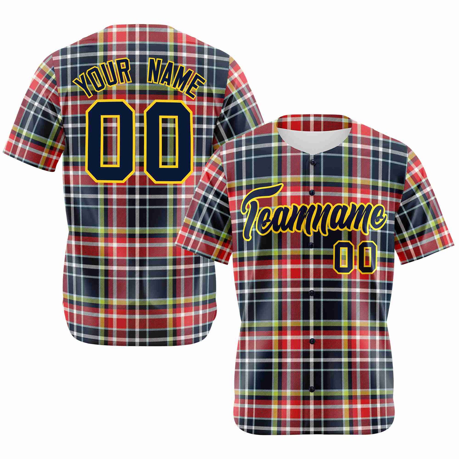 Custom Red Navy-Neon Green Personalized Plaid Design Authentic Baseball Jersey