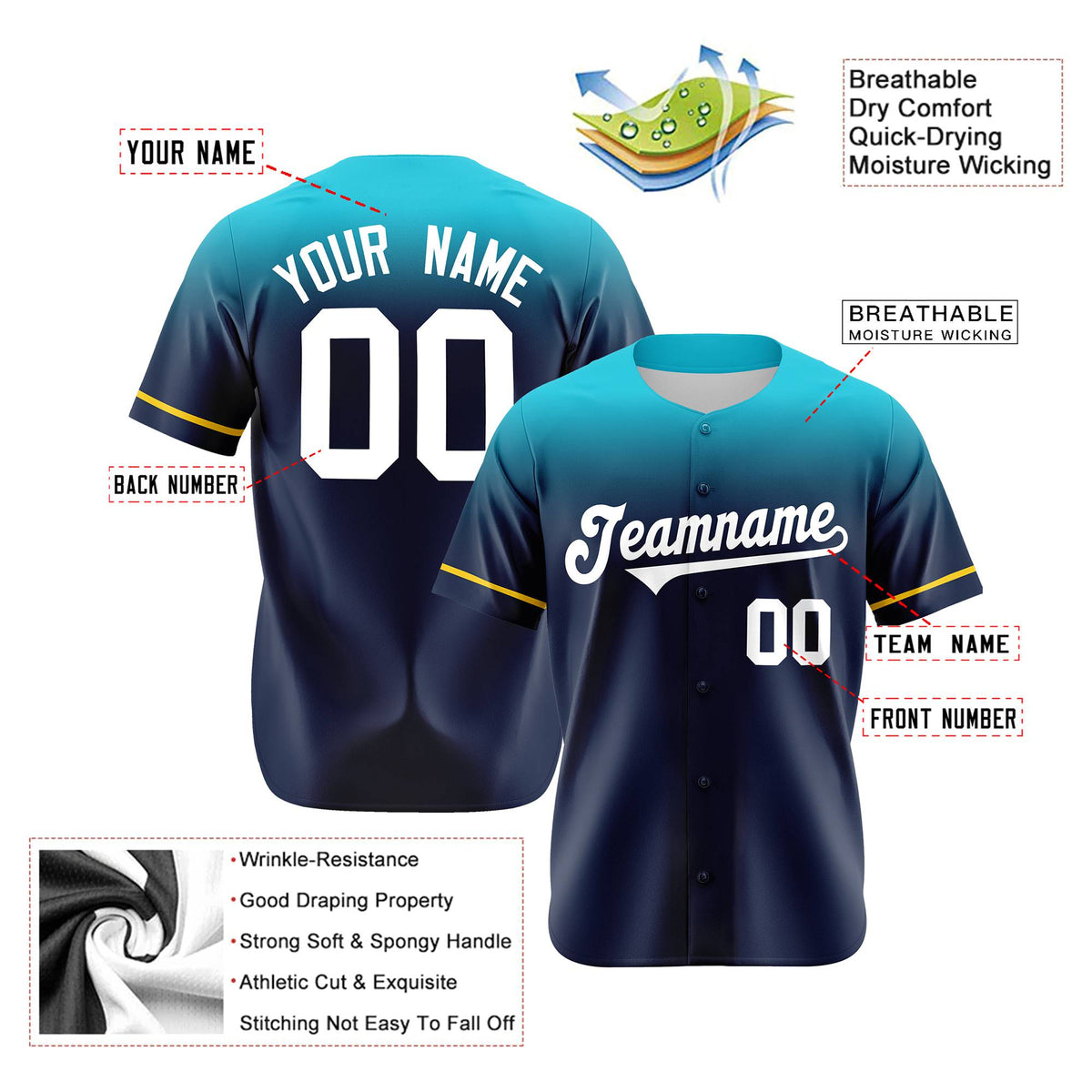 Custom Navy Aqua Gradient Fashion Design Authentic Baseball Jersey