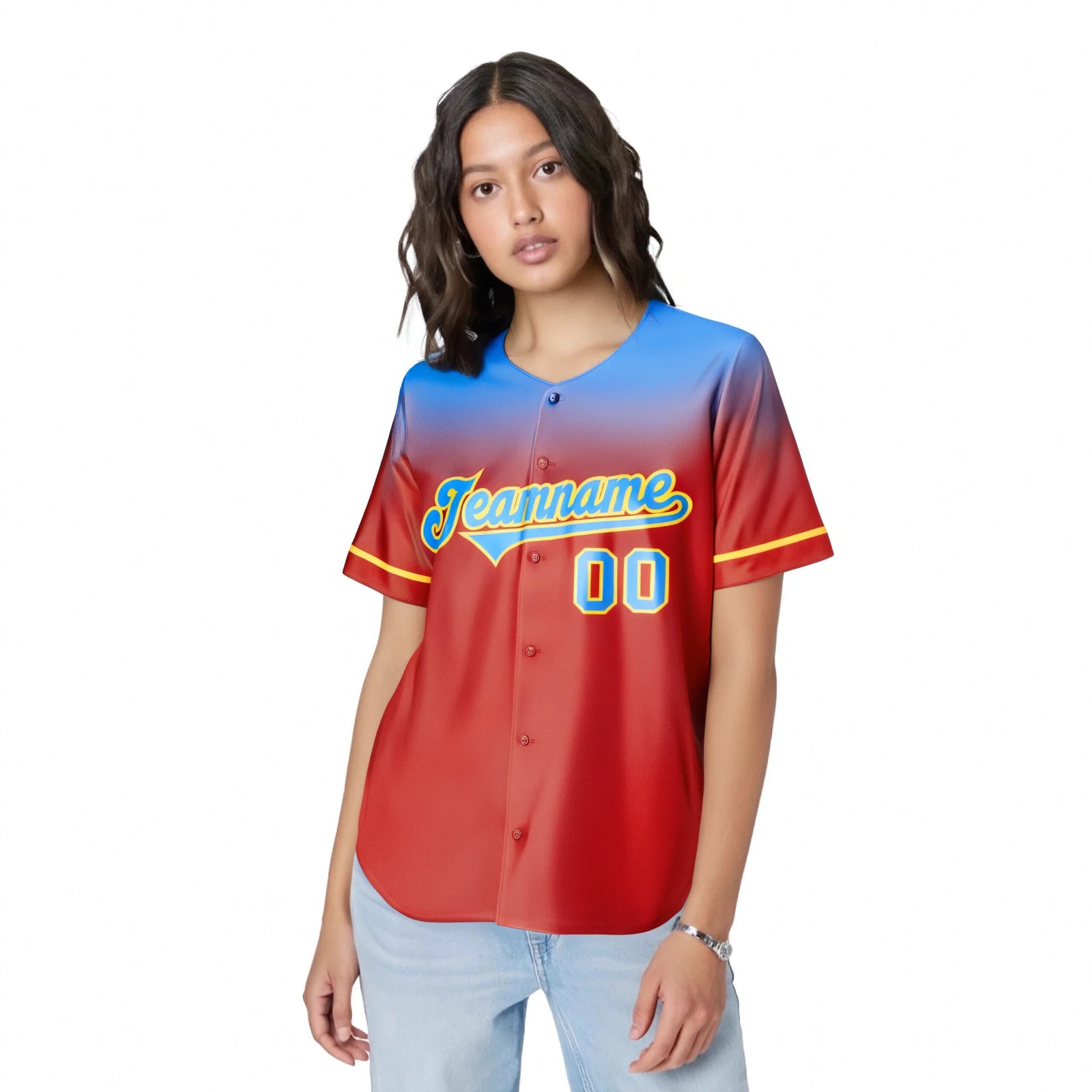 Custom Red Powder Blue Gradient Fashion Design Authentic Baseball Jersey