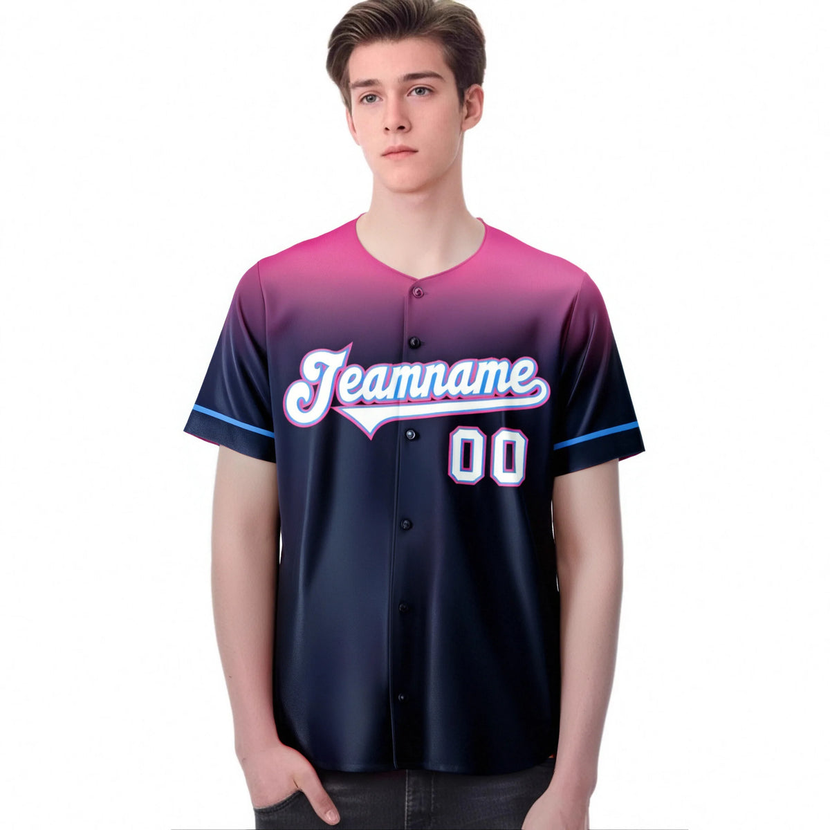 Custom Navy Pink Gradient Fashion Design Authentic Baseball Jersey