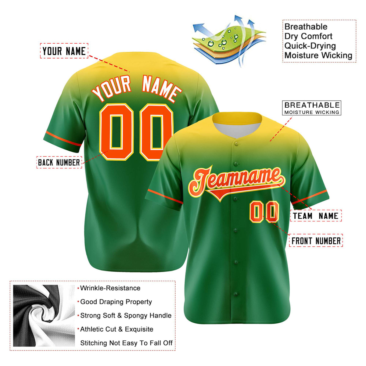 Custom Kelly Green Yellow Gradient Fashion Design Authentic Baseball Jersey