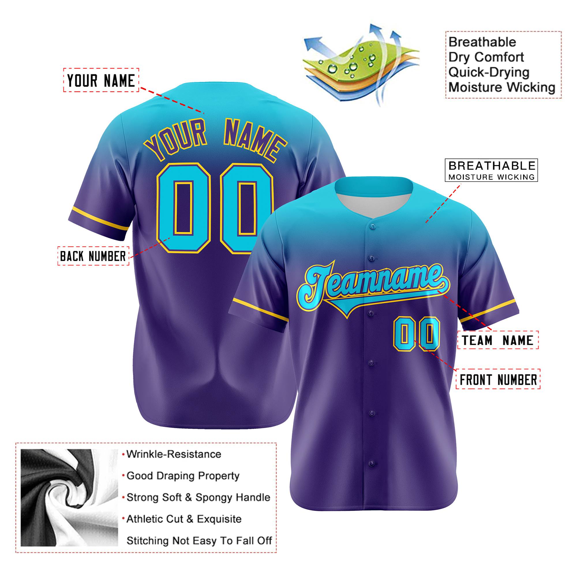 Custom Purple Sky Blue Gradient Fashion Design Authentic Baseball Jersey