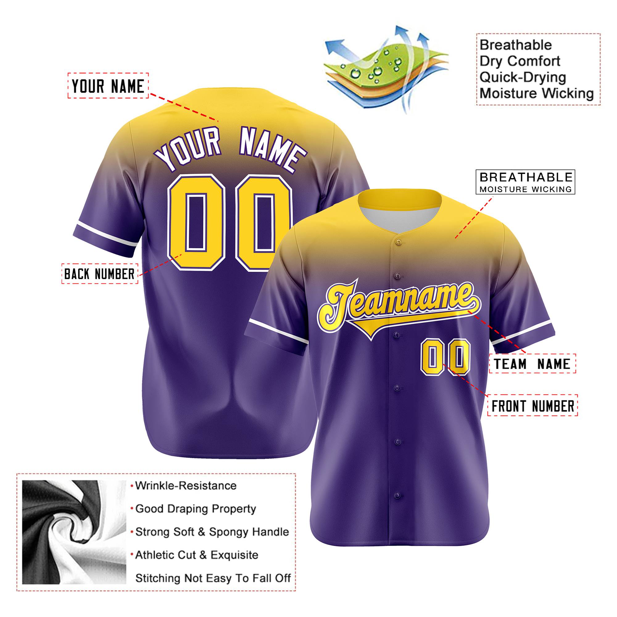 Custom Purple Yellow Gradient Fashion Design Authentic Baseball Jersey