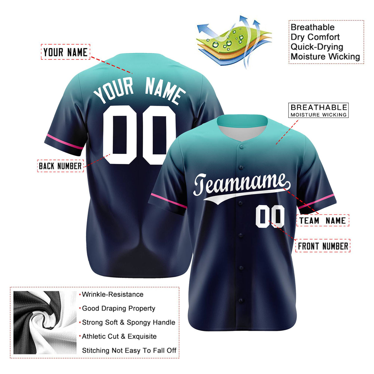 Custom Navy Teal Gradient Fashion Design Authentic Baseball Jersey