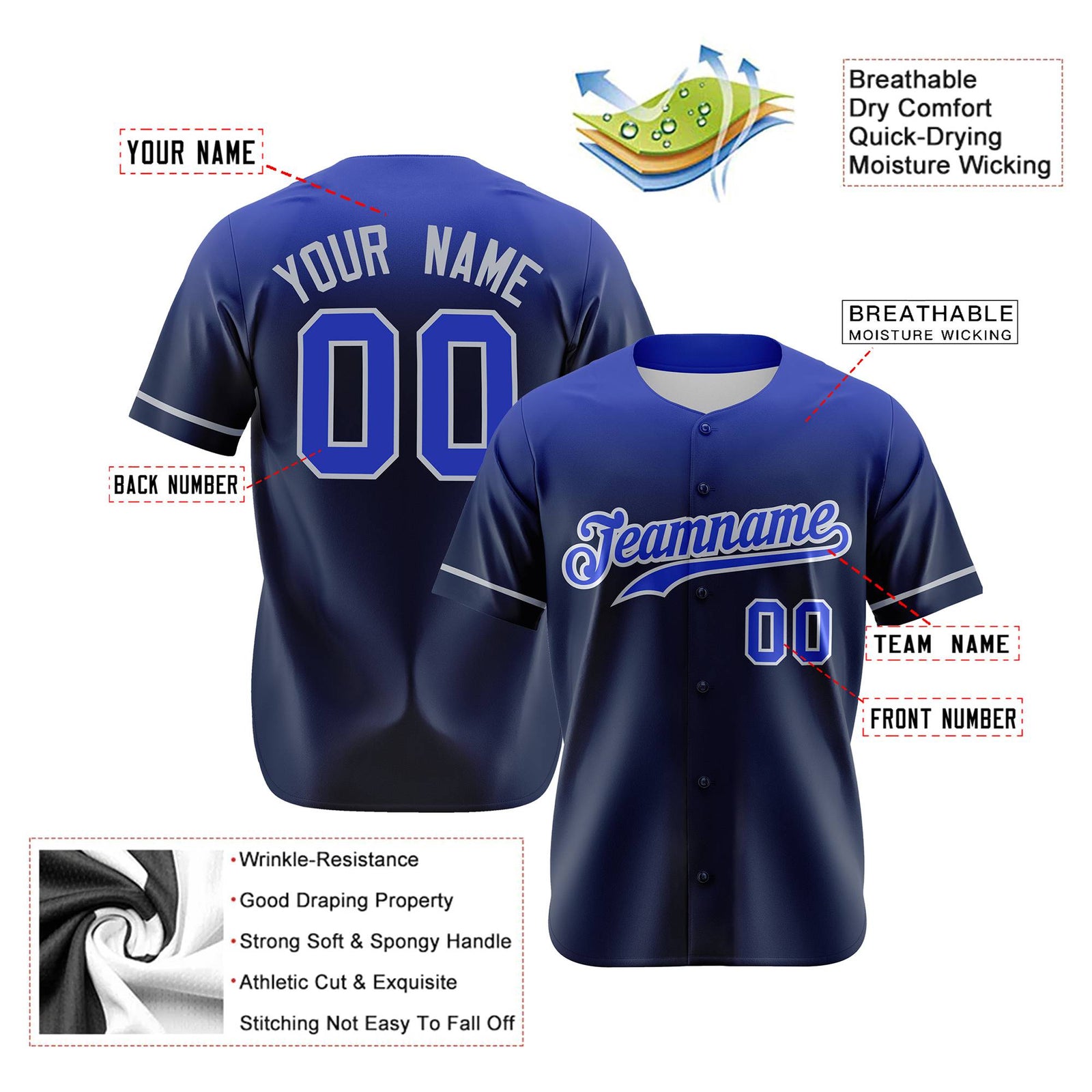 Custom Navy Royal Blue Gradient Fashion Design Authentic Baseball Jersey