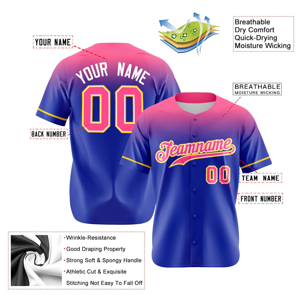 Custom Royal Blue Pink Gradient Fashion Design Authentic Baseball Jersey
