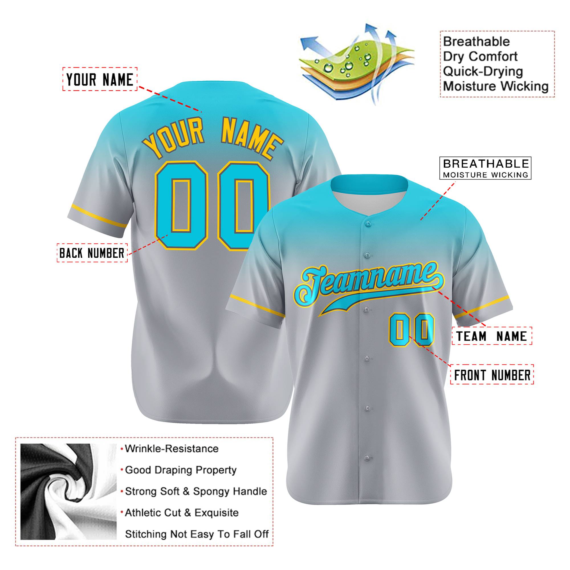 Custom Gray Aqua Gradient Fashion Design Authentic Baseball Jersey