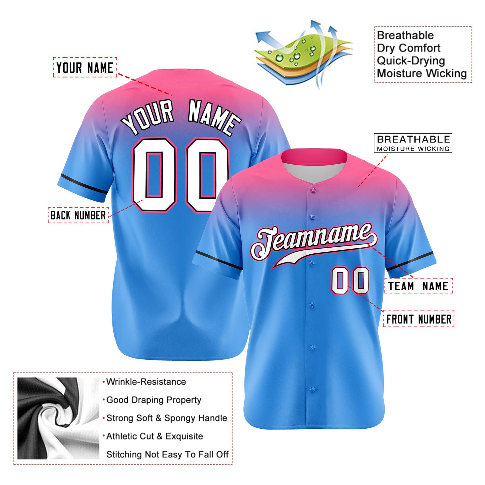 Custom Powder Blue Pink Gradient Fashion Design Authentic Baseball Jersey