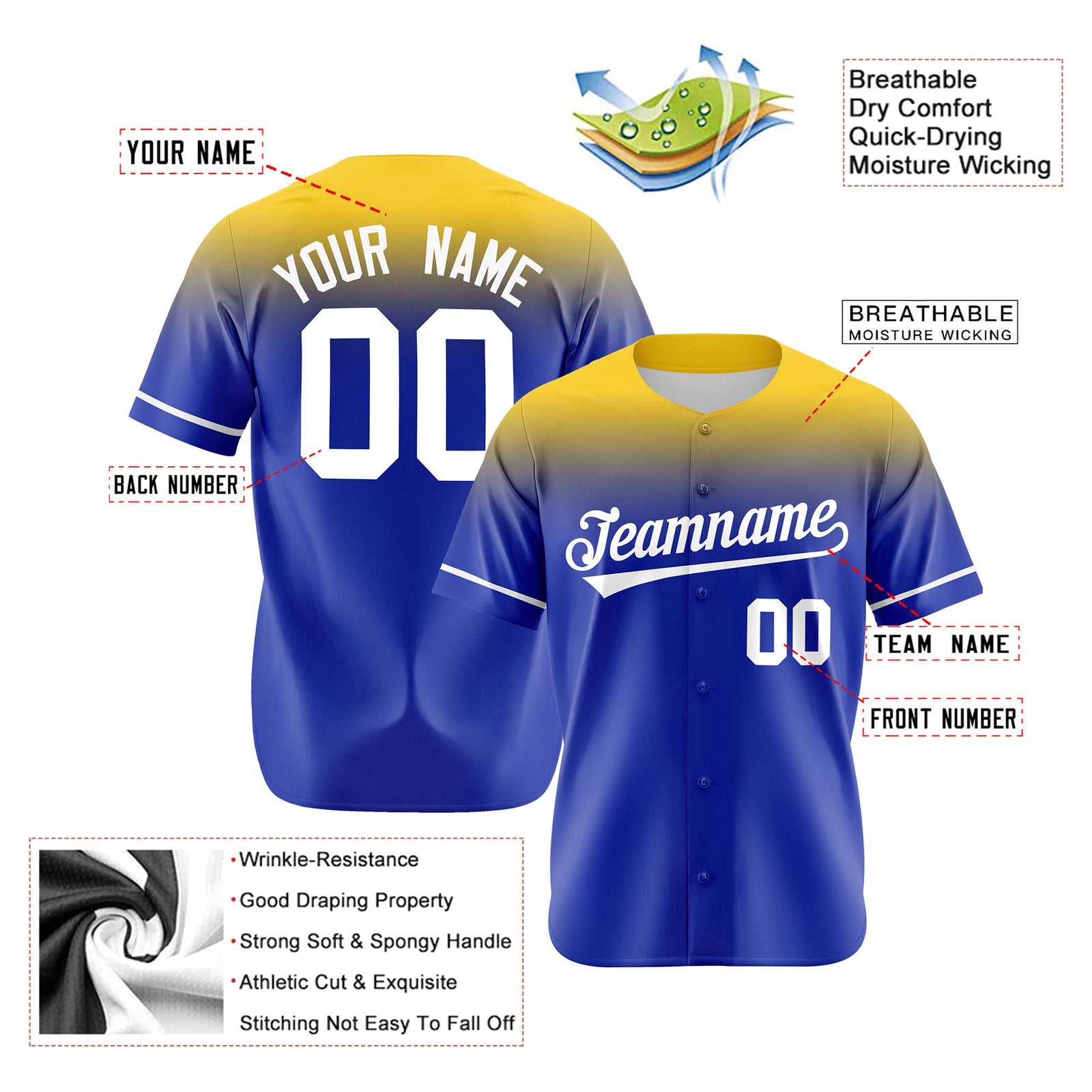 Custom Royal Blue Gold Gradient Fashion Design Authentic Baseball Jersey