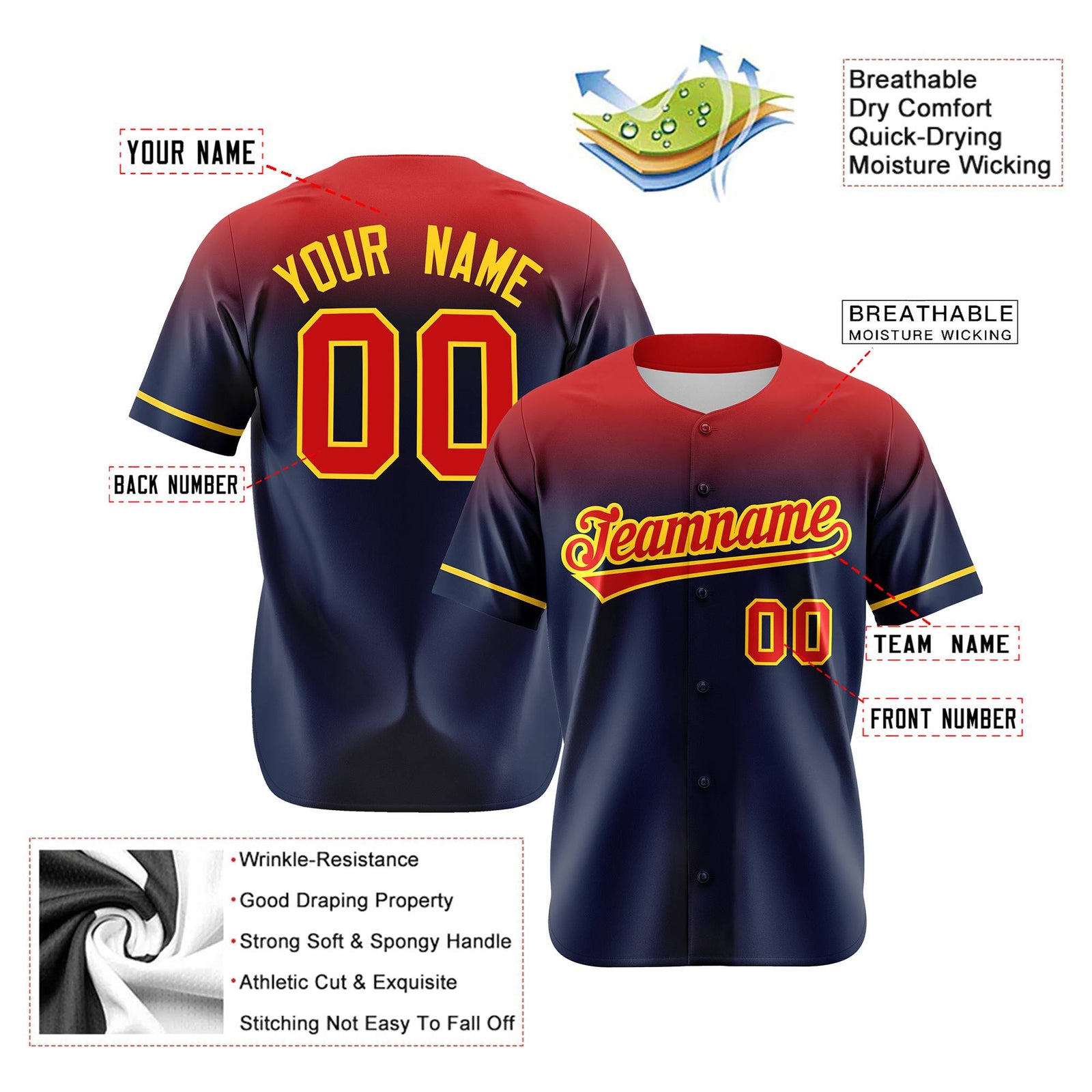 Custom Navy Red Gradient Fashion Design Authentic Baseball Jersey