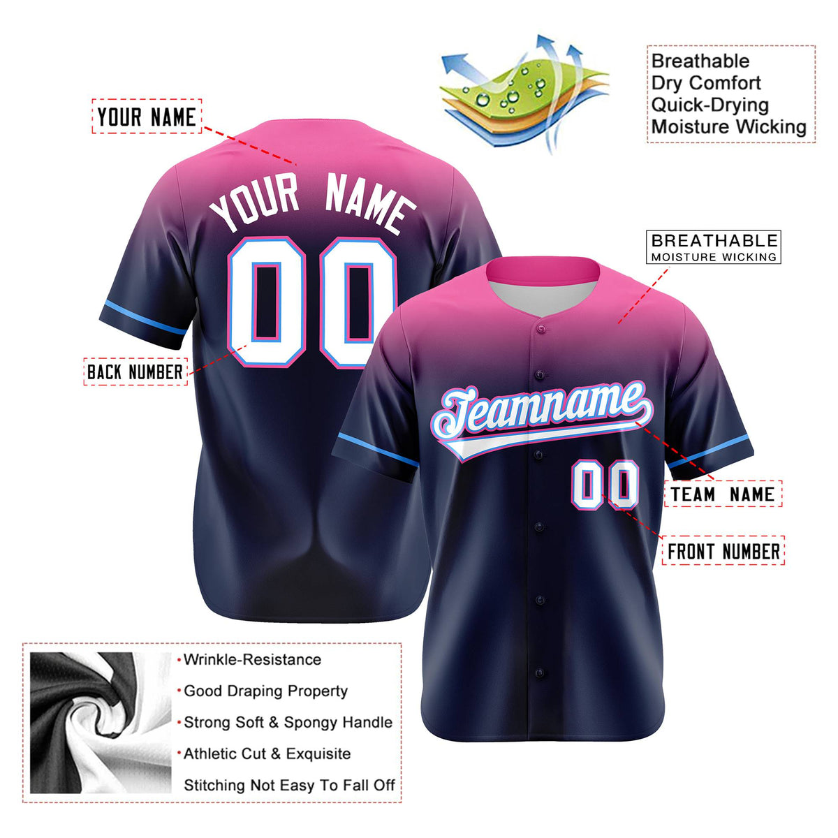 Custom Navy Pink Gradient Fashion Design Authentic Baseball Jersey