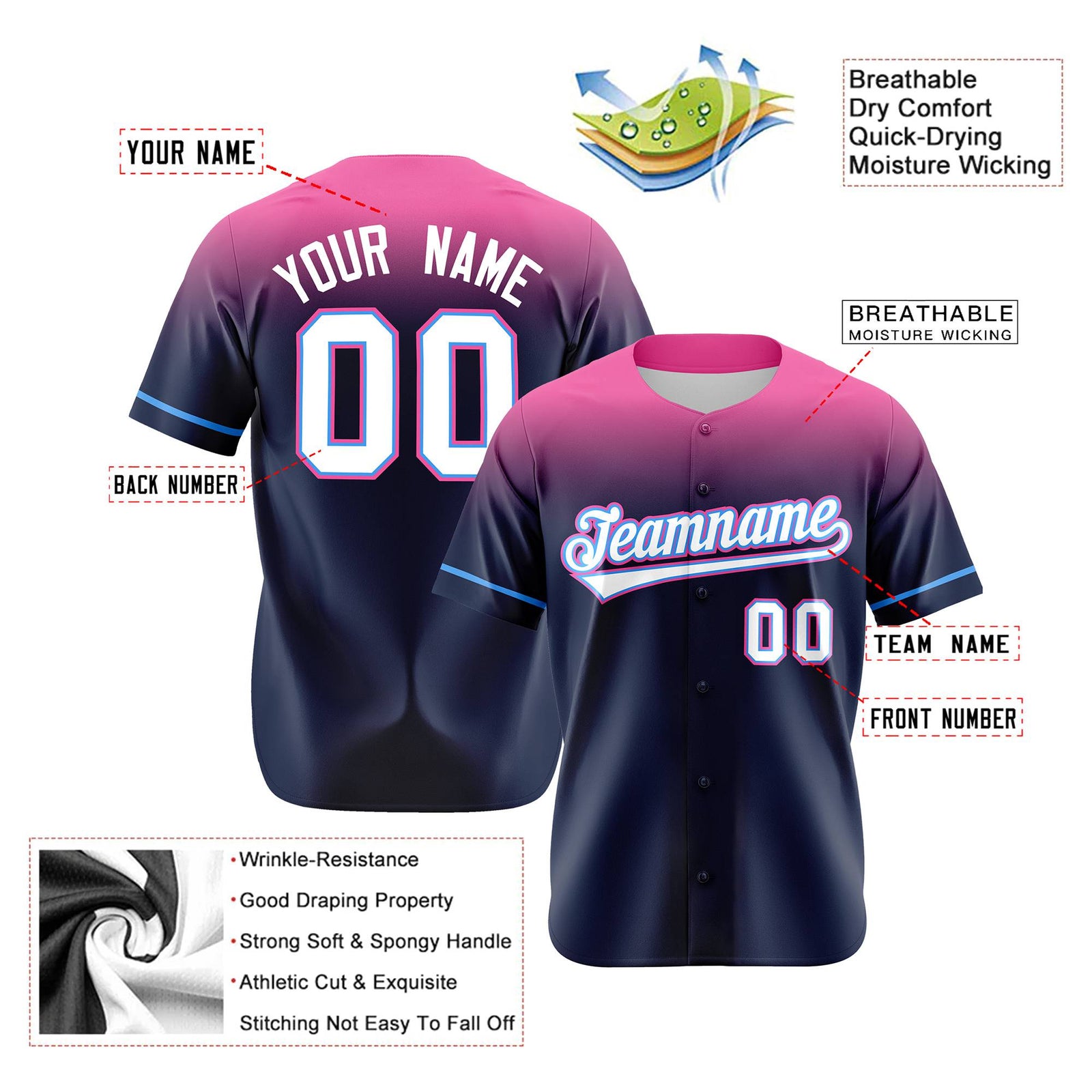 Custom Navy Pink Gradient Fashion Design Authentic Baseball Jersey
