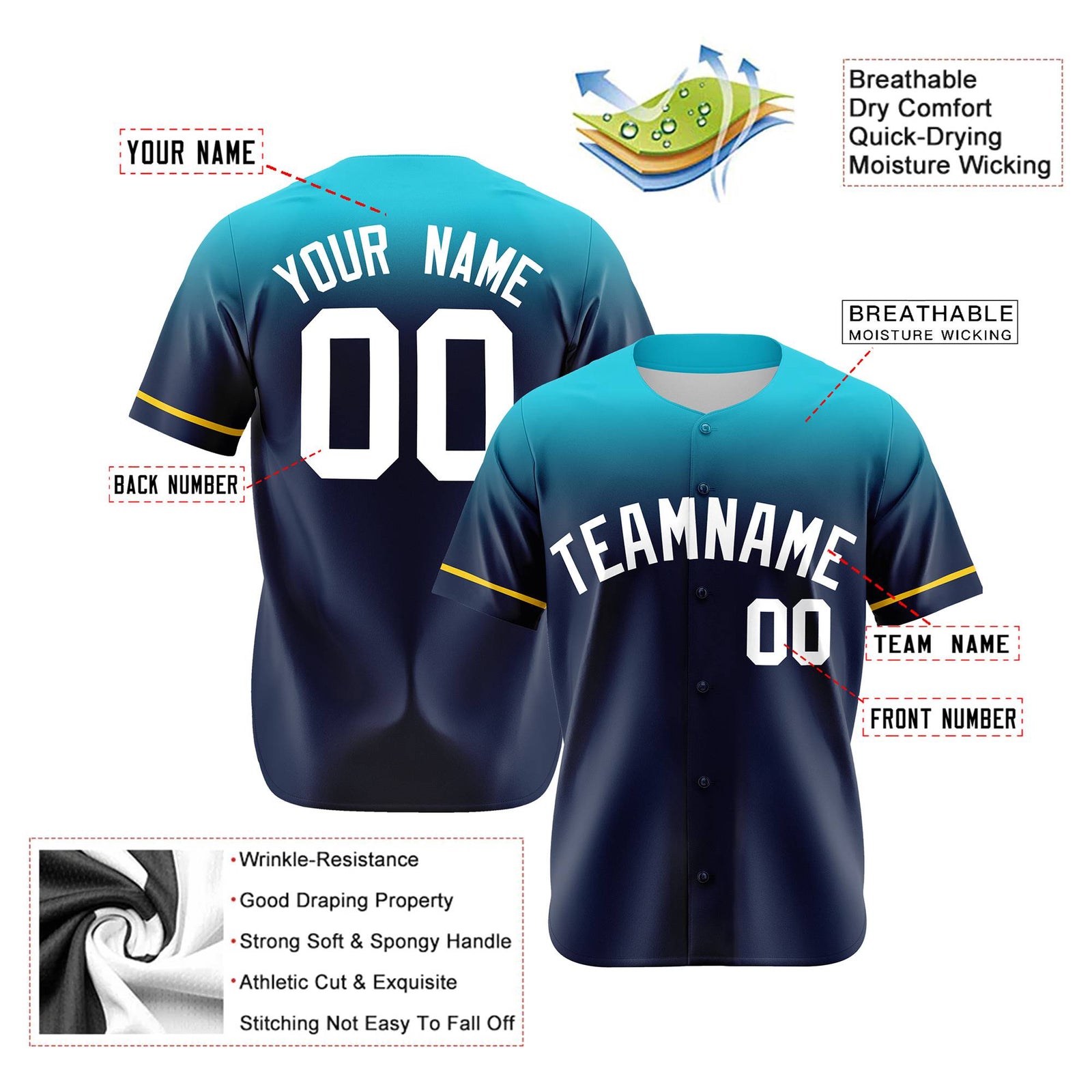 Custom Navy Aqua Gradient Fashion Design Authentic Baseball Jersey