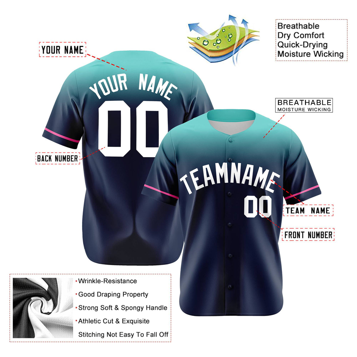 Custom Navy Teal Gradient Fashion Design Authentic Baseball Jersey